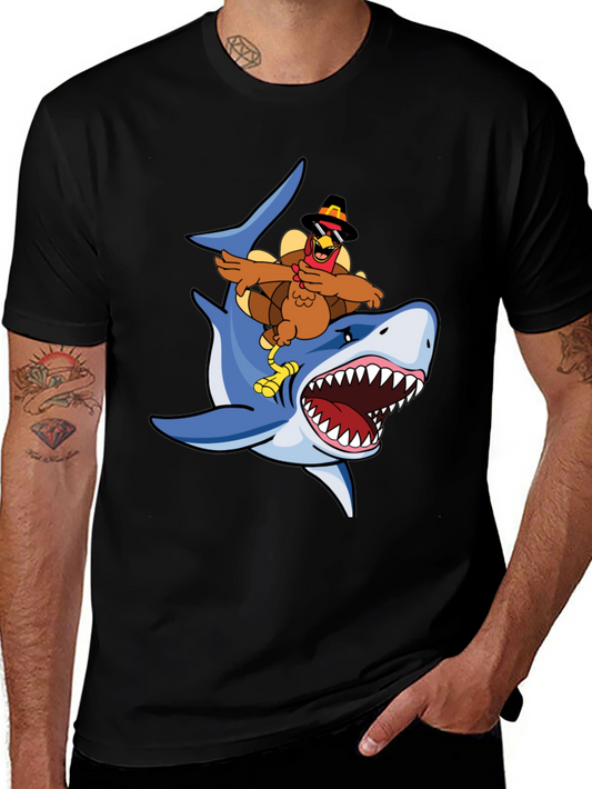 Turkey Riding Shark Graphic Tee - Black Cotton T-Shirt