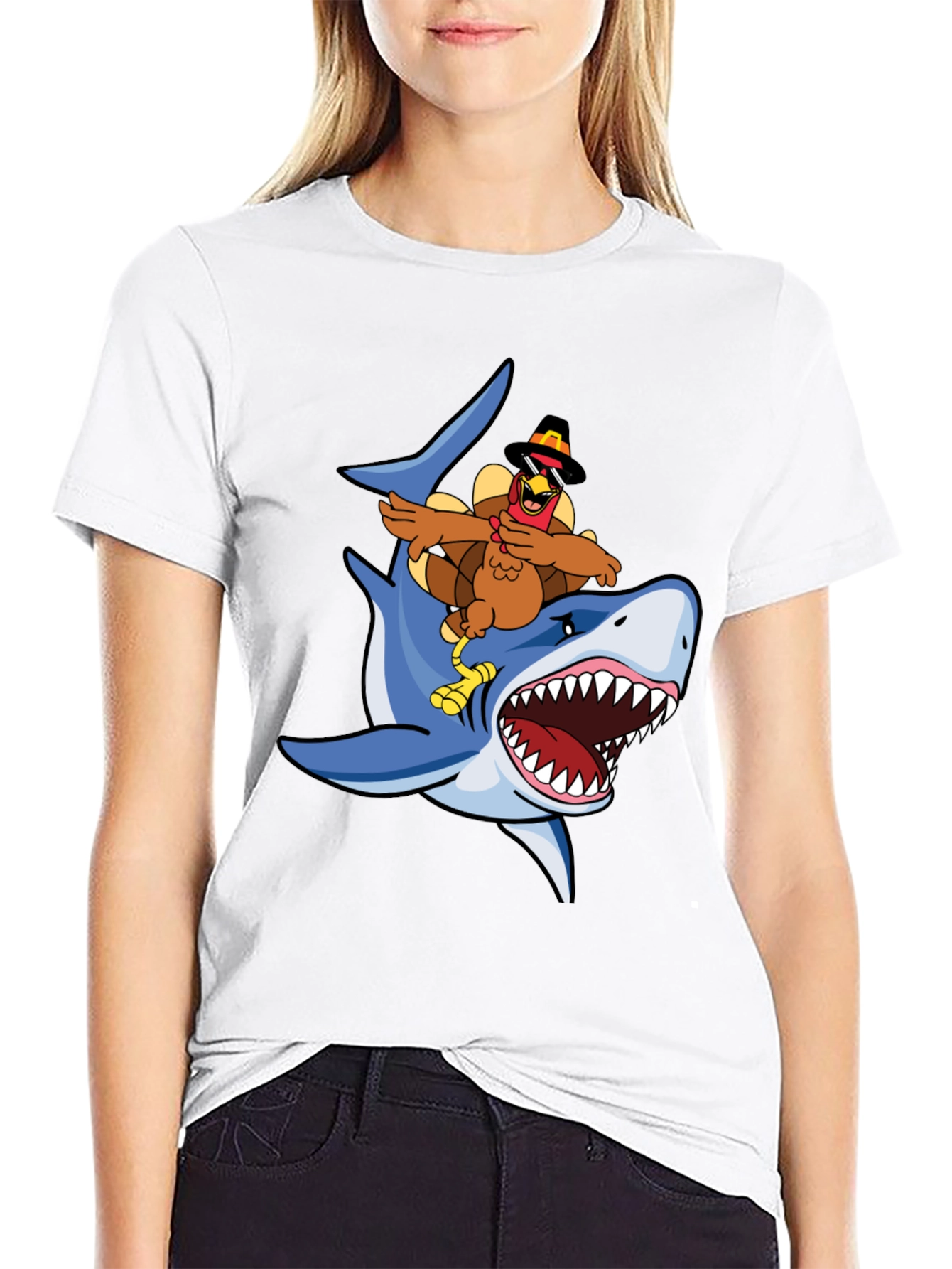 Turkey Riding Shark Graphic Tee - Black Cotton T-Shirt