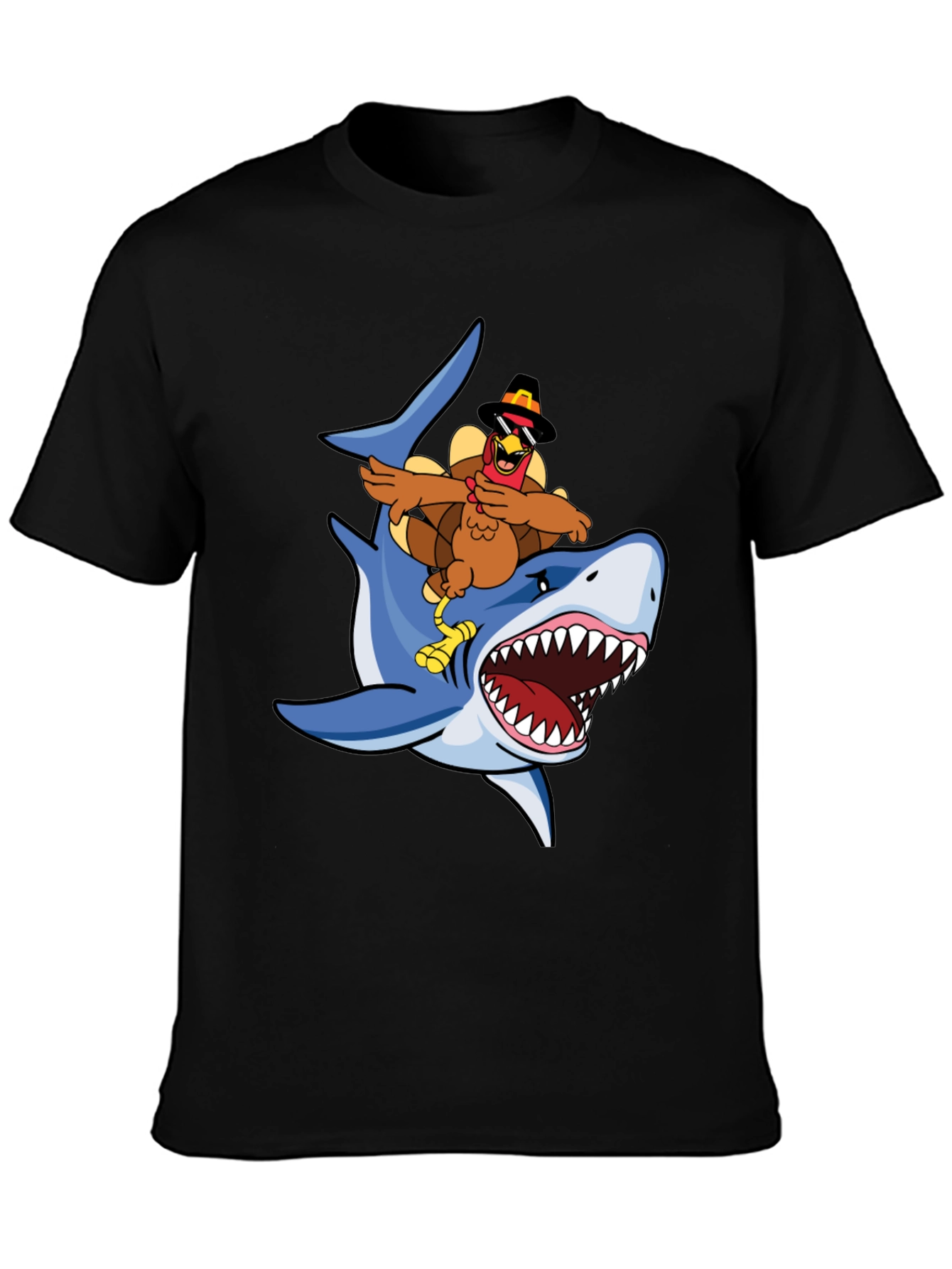 Turkey Riding Shark Graphic Tee - Black Cotton T-Shirt