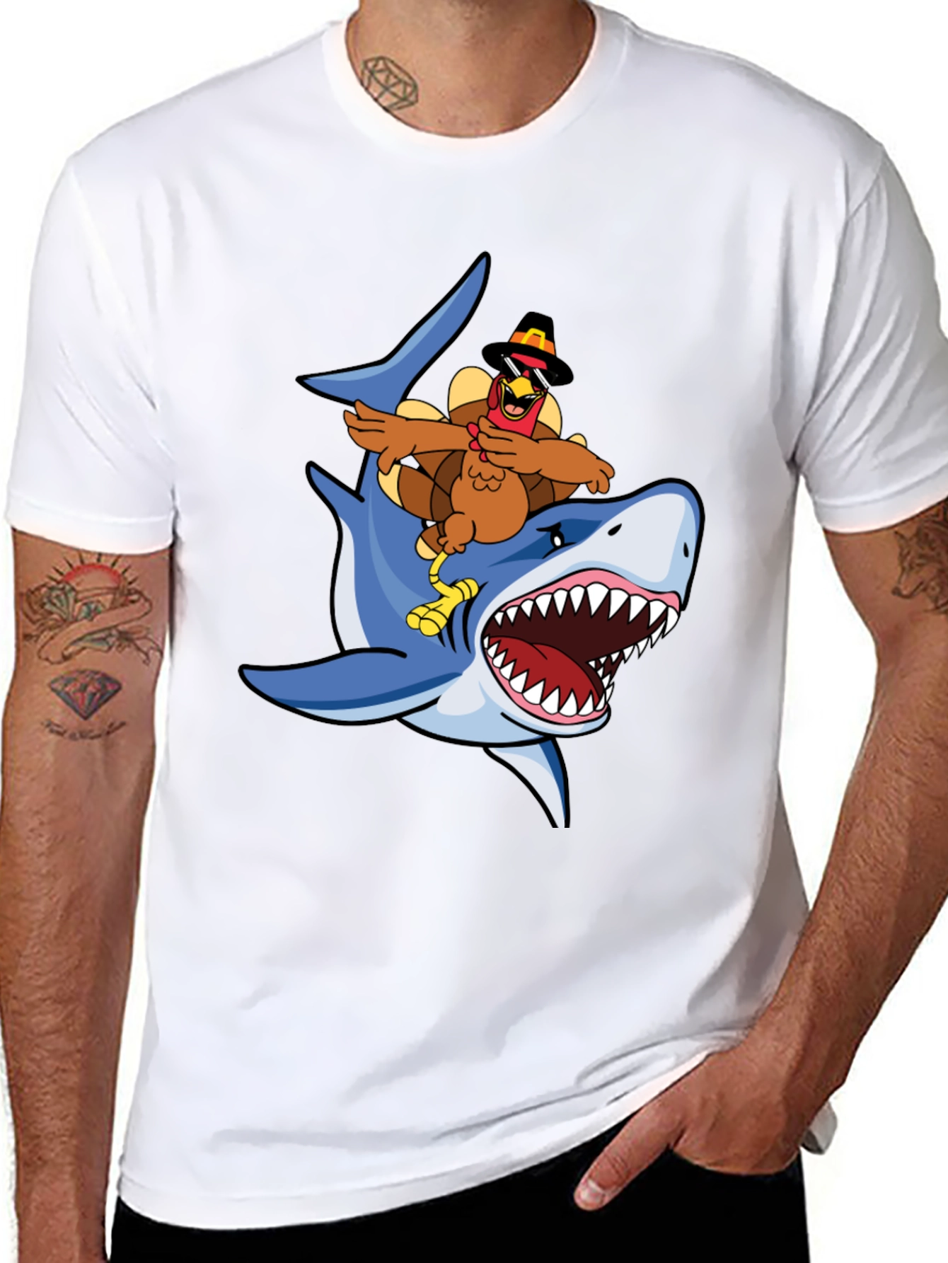 Turkey Riding Shark Graphic Tee - Black Cotton T-Shirt