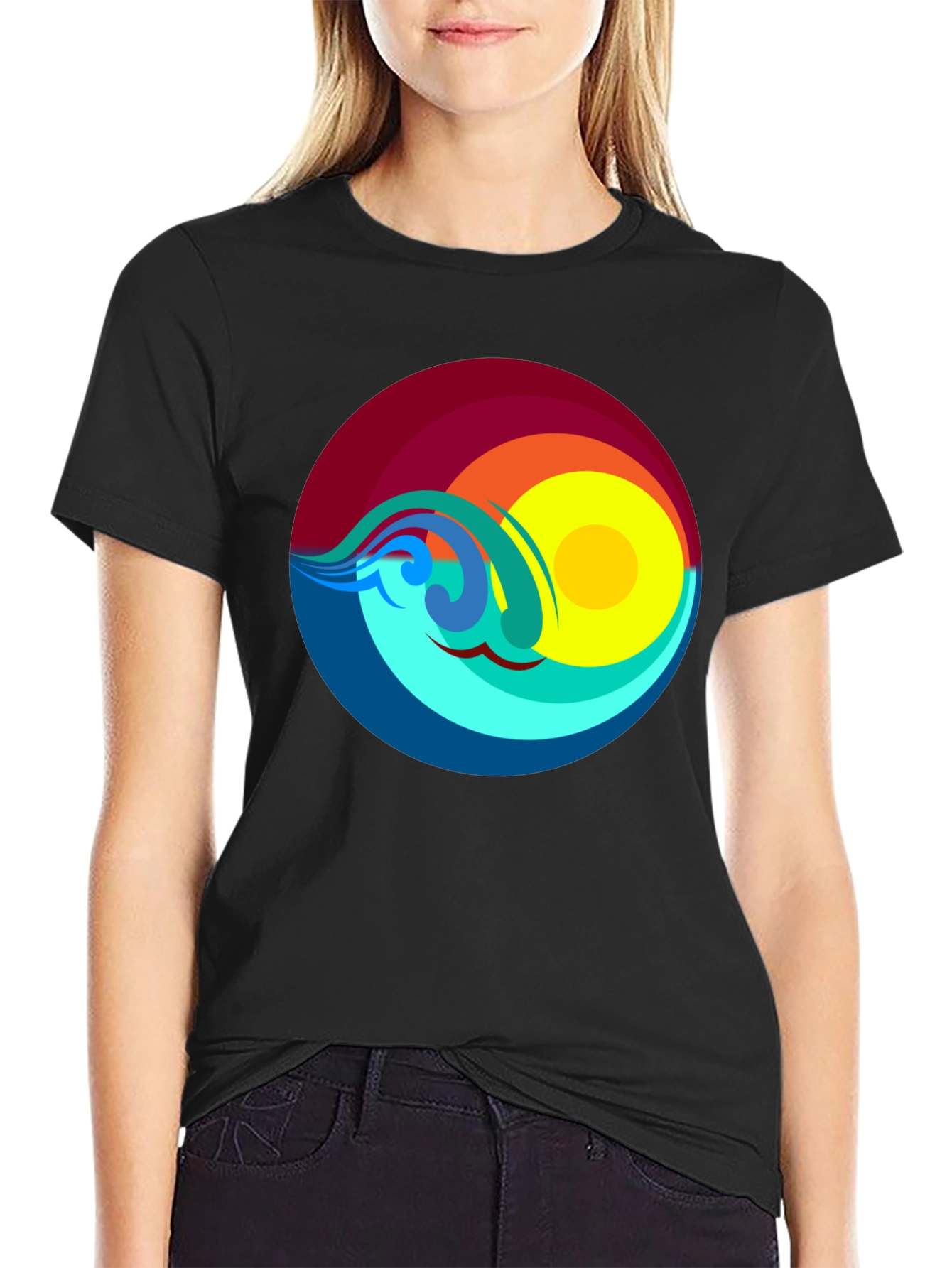 Sunset Waves Graphic T-Shirt - Black