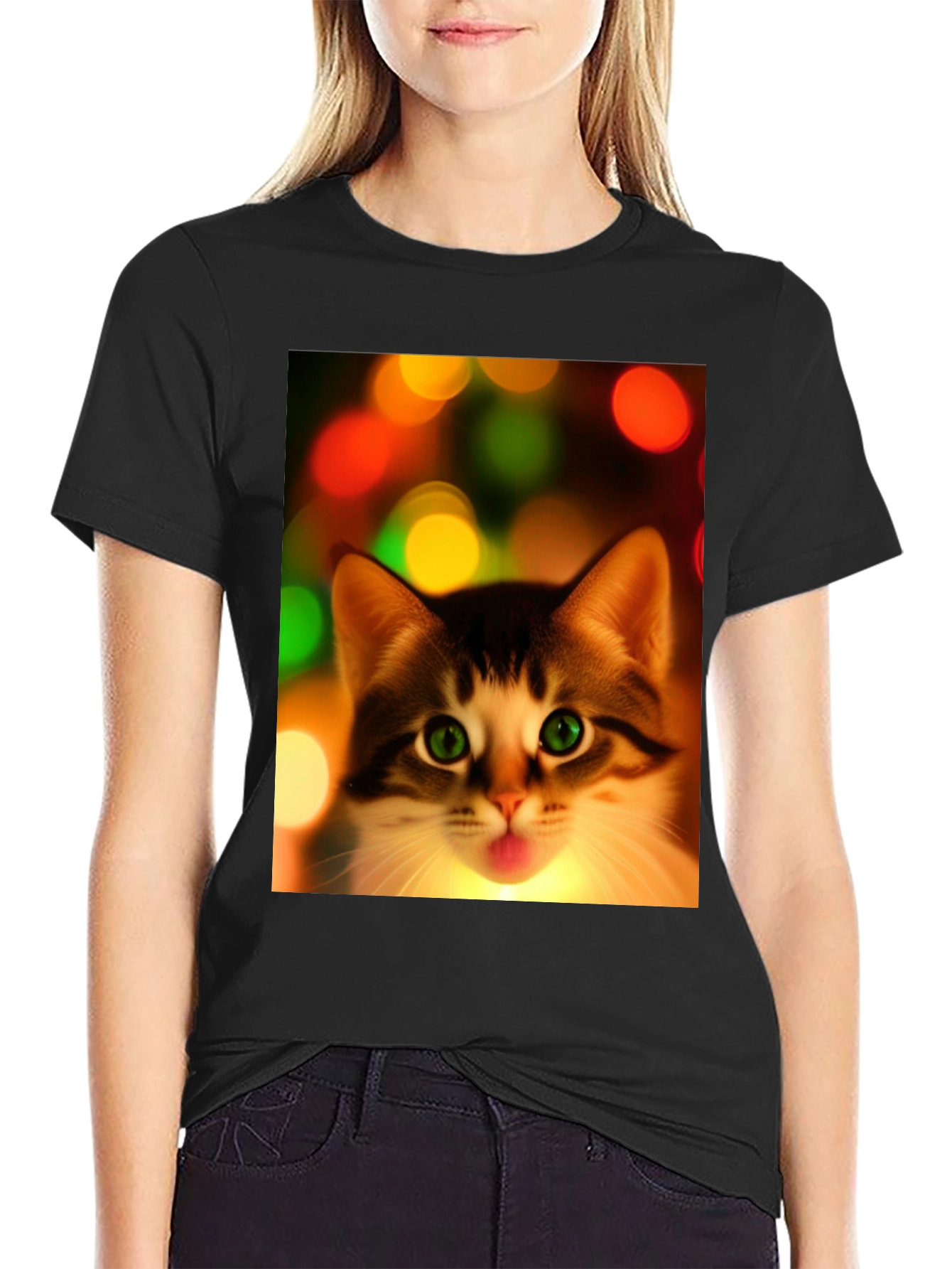 Cute Cat Christmas Lights Graphic T-Shirt