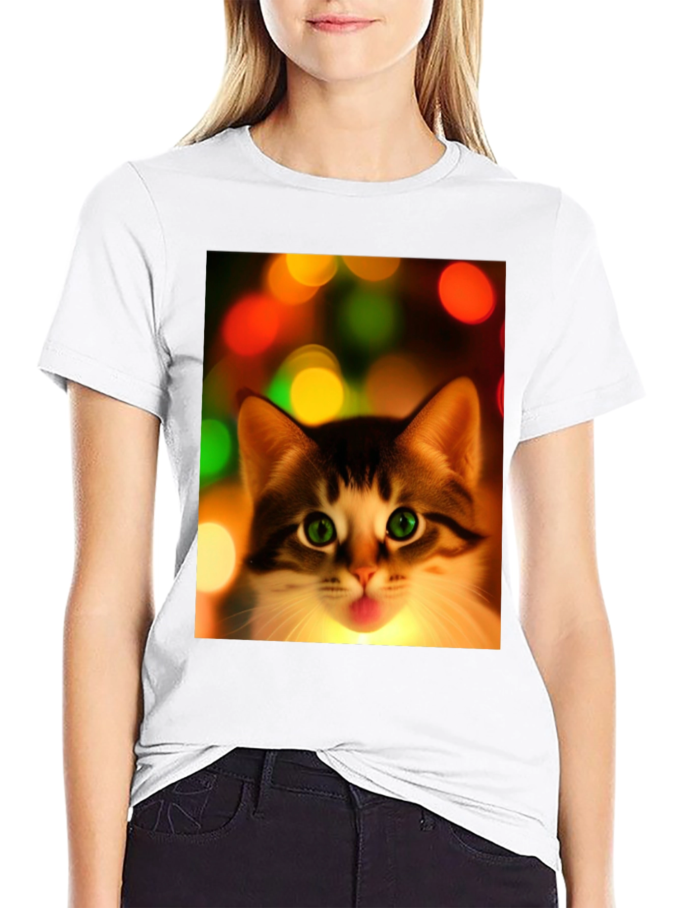 Cute Cat Christmas Lights Graphic T-Shirt