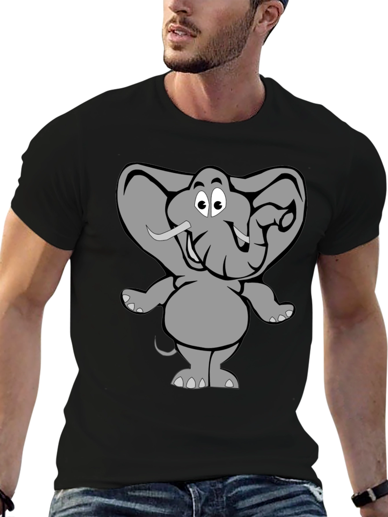 Elephant Cartoon Graphic Black T-Shirt