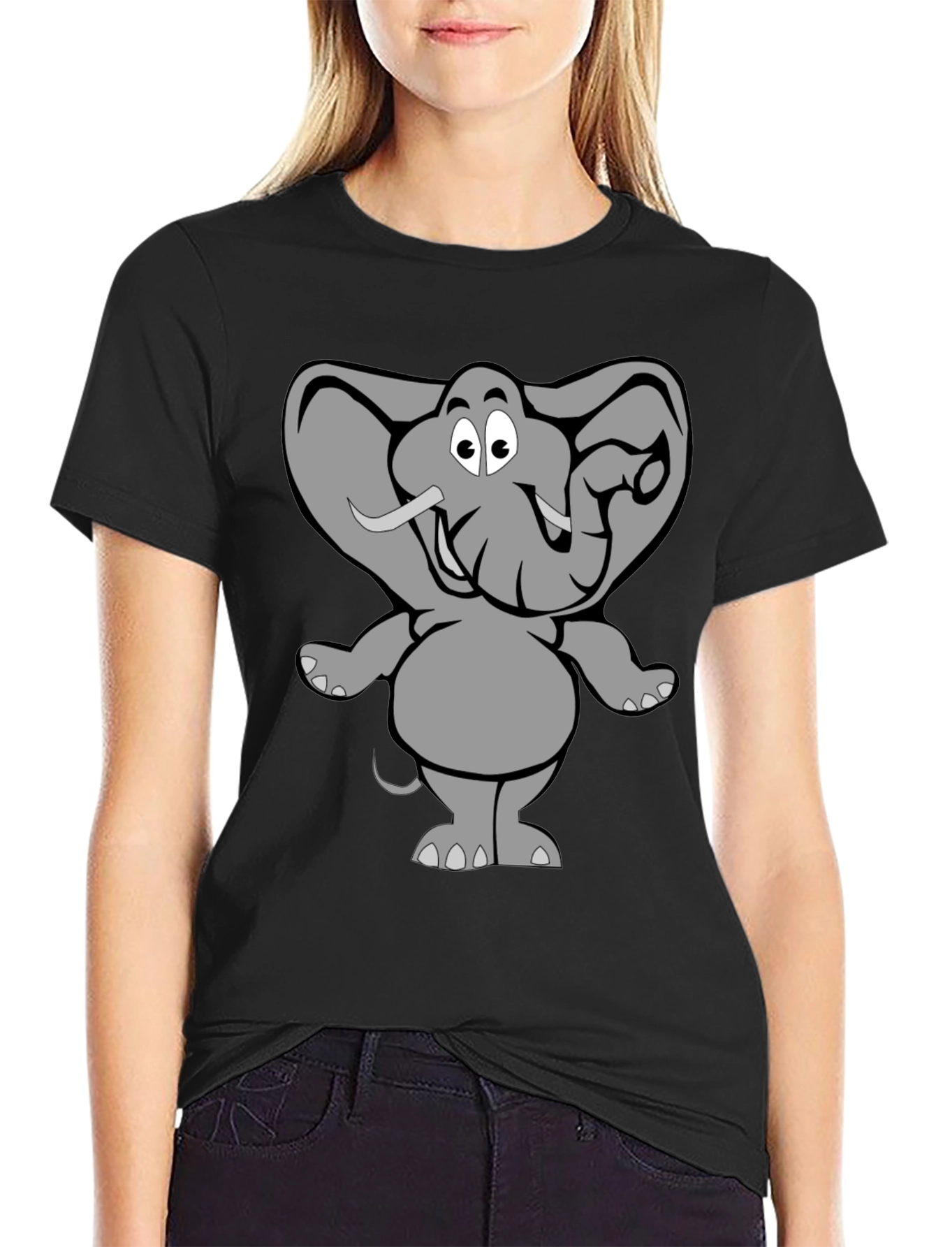 Elephant Cartoon Graphic Black T-Shirt