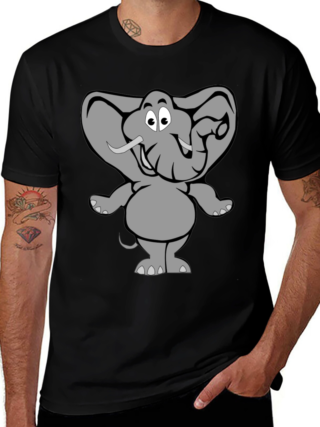 Elephant Cartoon Graphic Black T-Shirt