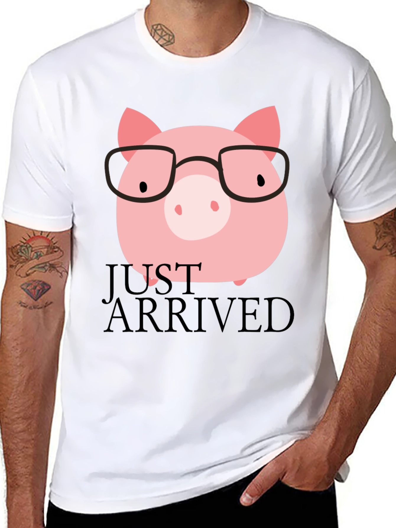 Just Arrived Pig with Glasses Black T-Shirt