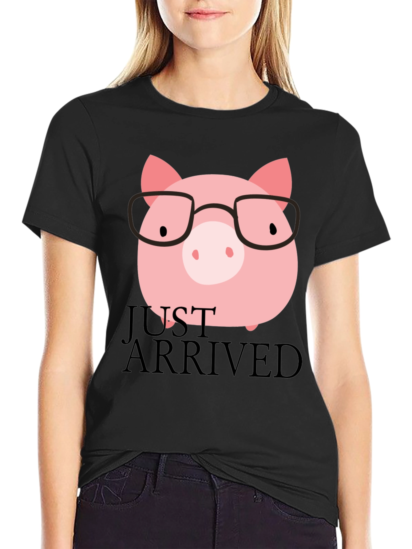 Just Arrived Pig with Glasses Black T-Shirt