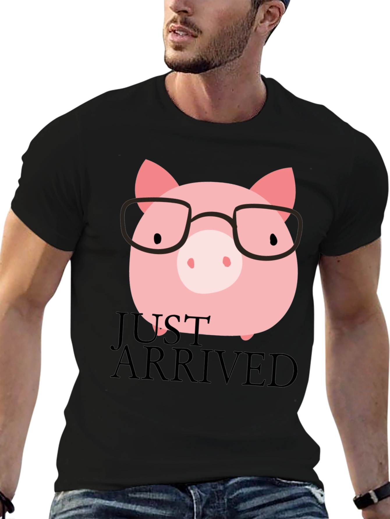 Just Arrived Pig with Glasses Black T-Shirt