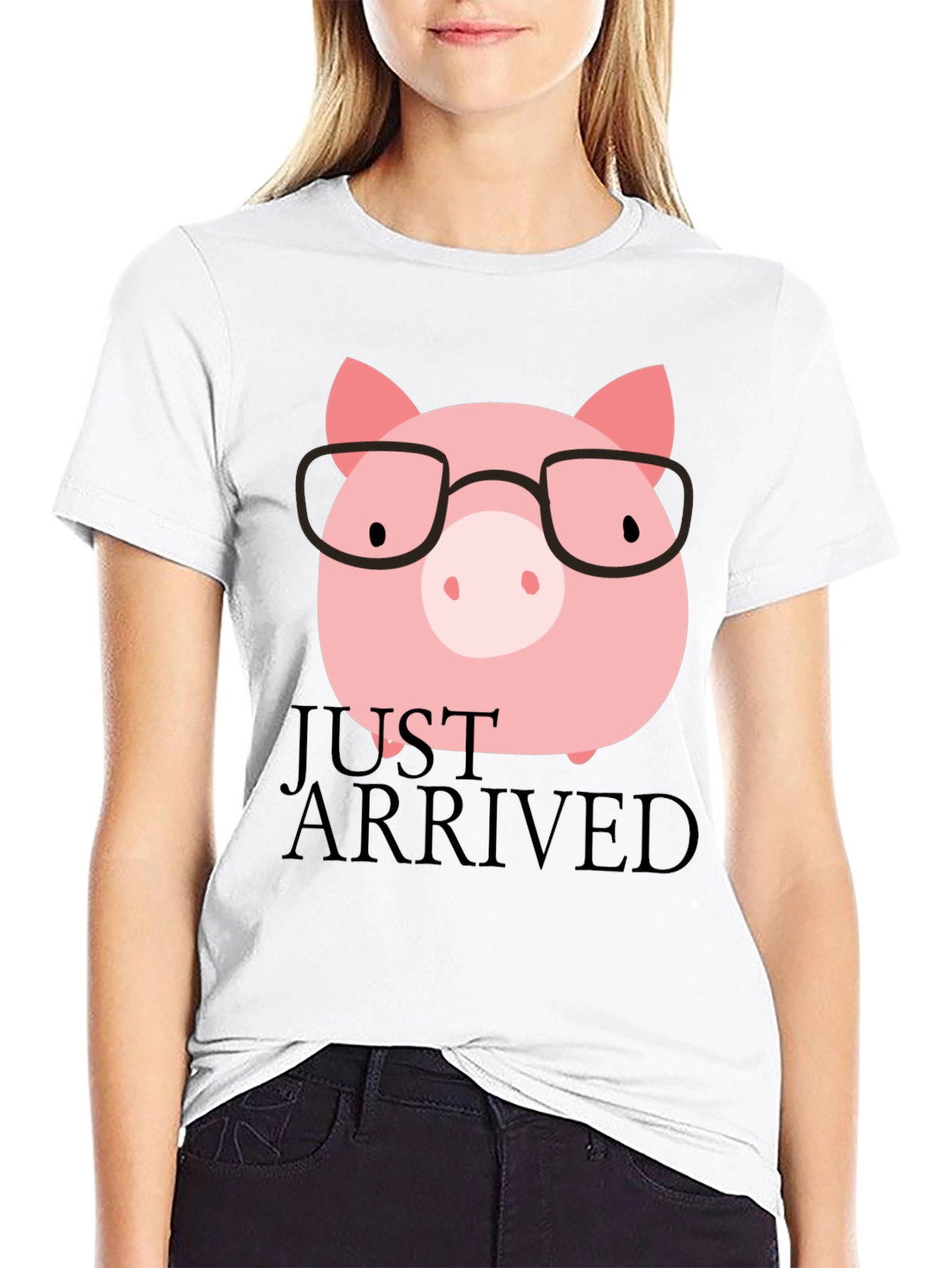 Just Arrived Pig with Glasses Black T-Shirt