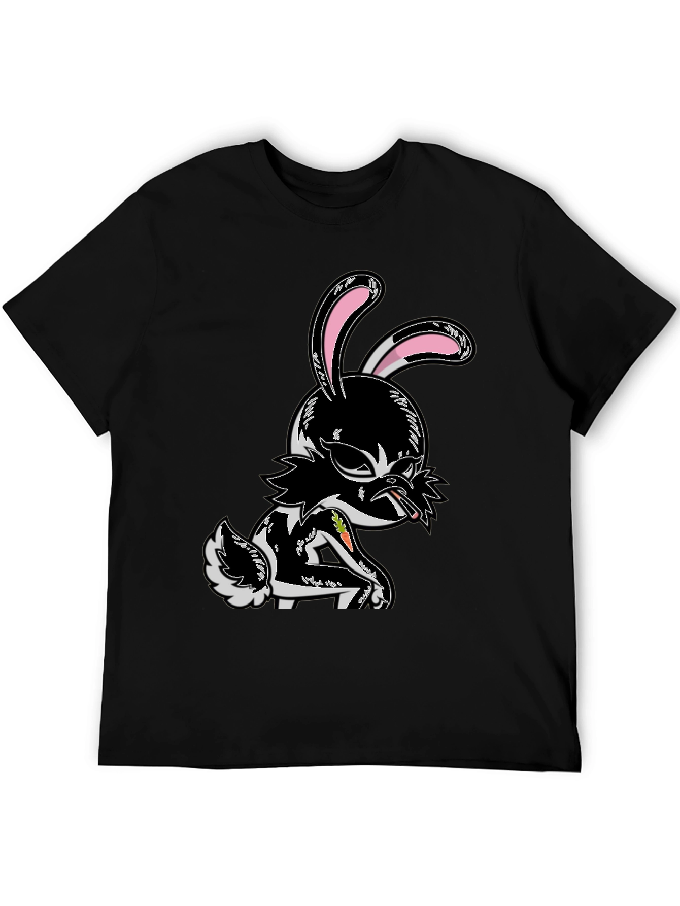 Edgy Cartoon Bunny Graphic Tee - Black Cotton T-Shirt