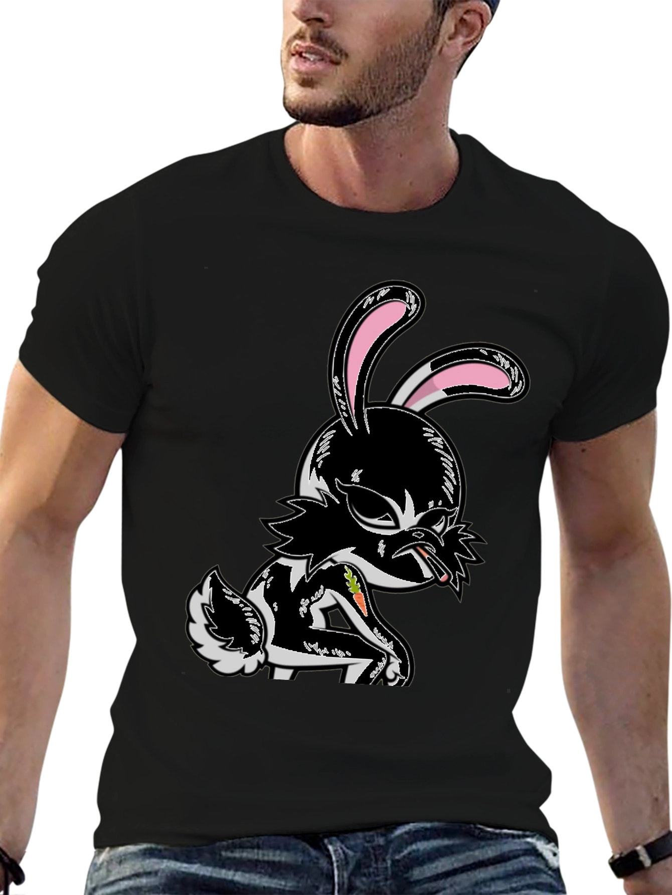 Edgy Cartoon Bunny Graphic Tee - Black Cotton T-Shirt