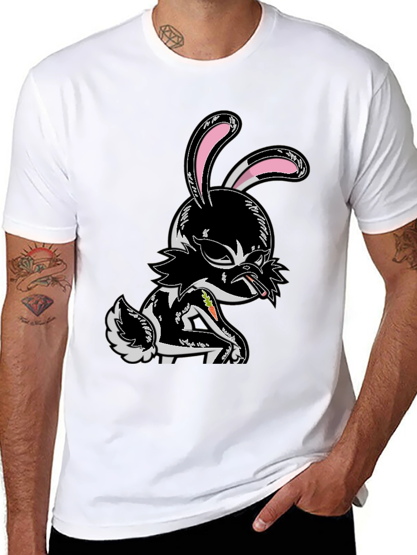 Edgy Cartoon Bunny Graphic Tee - Black Cotton T-Shirt