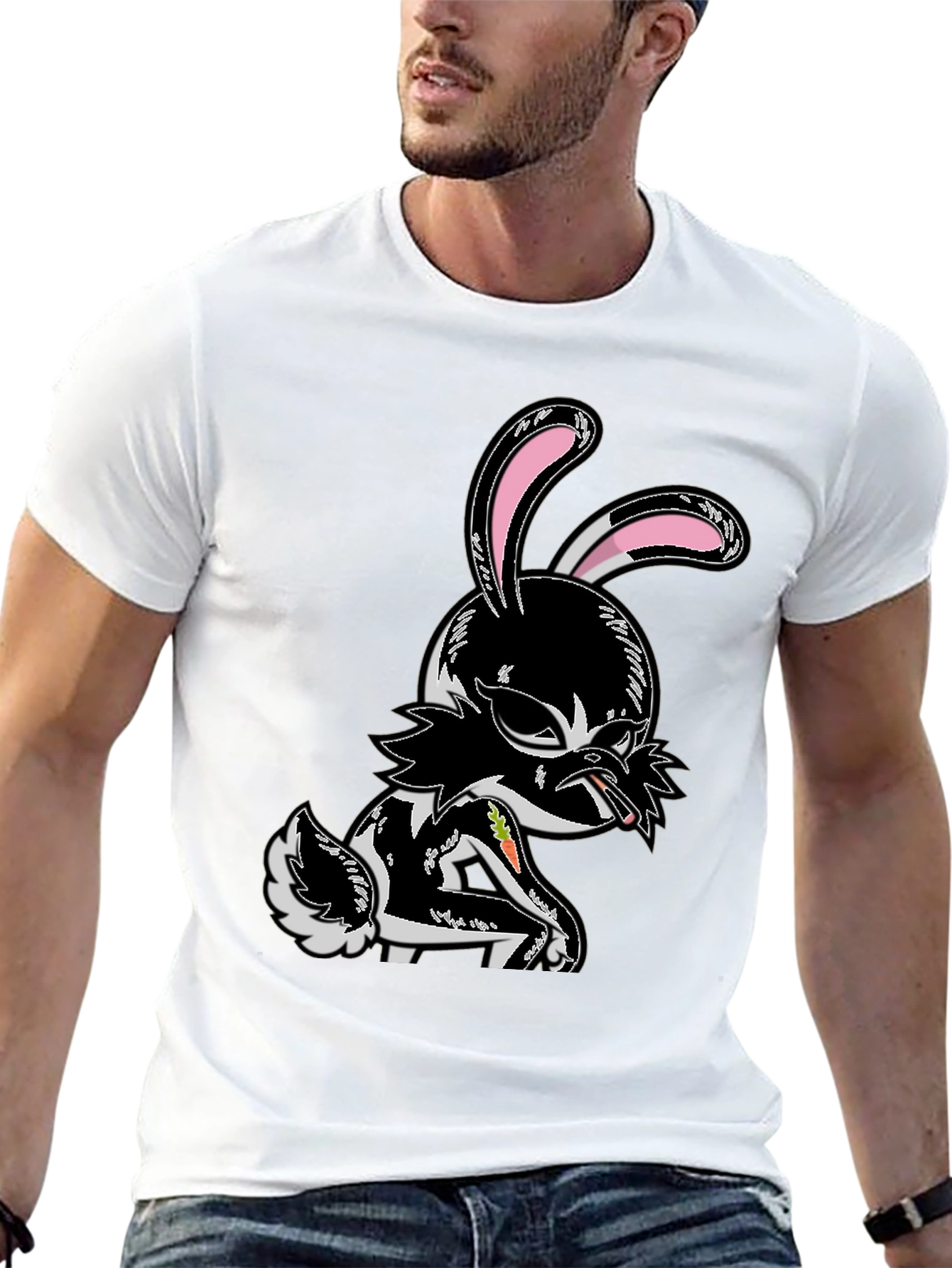 Edgy Cartoon Bunny Graphic Tee - Black Cotton T-Shirt