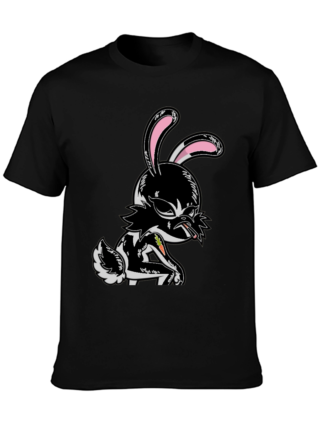 Edgy Cartoon Bunny Graphic Tee - Black Cotton T-Shirt