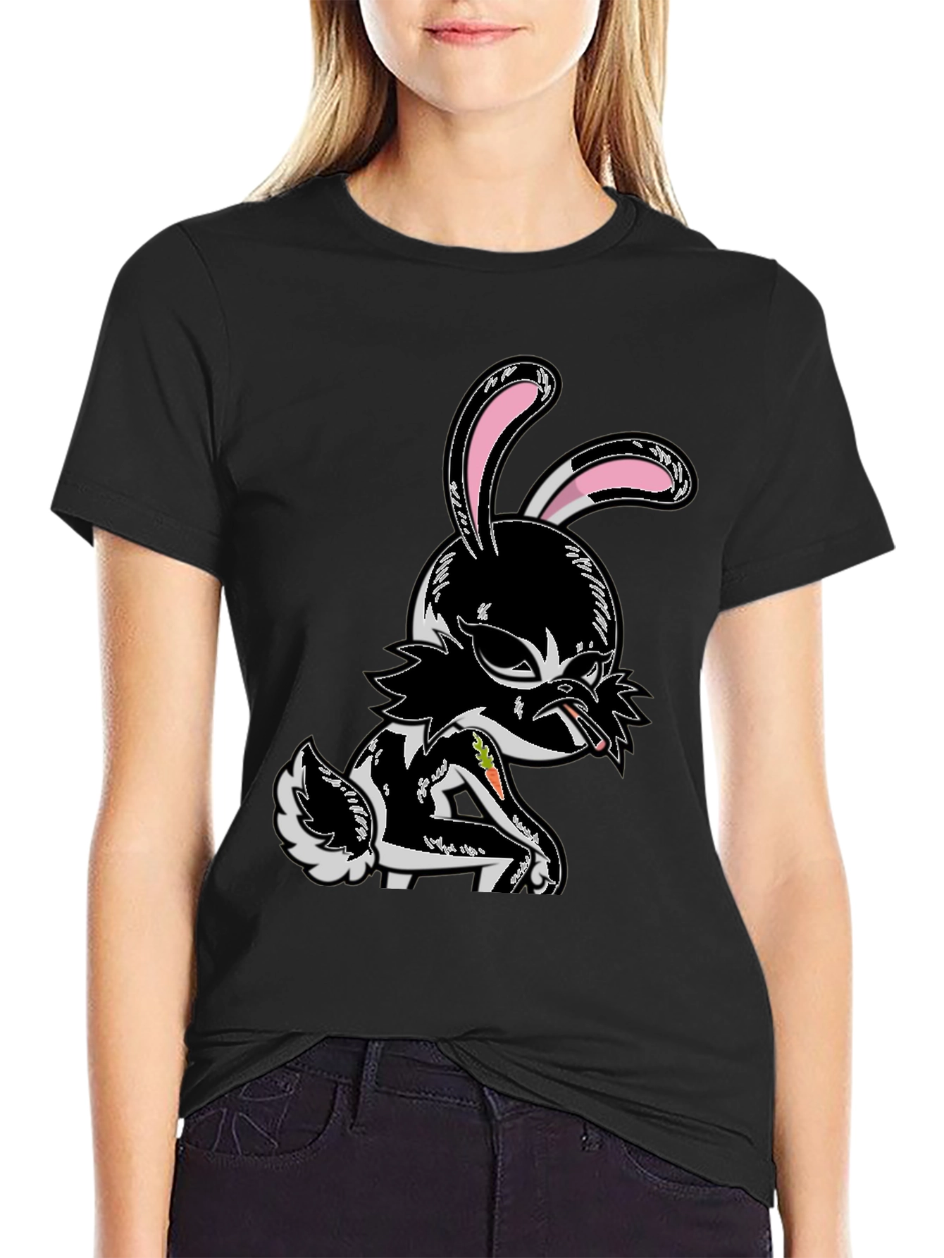 Edgy Cartoon Bunny Graphic Tee - Black Cotton T-Shirt