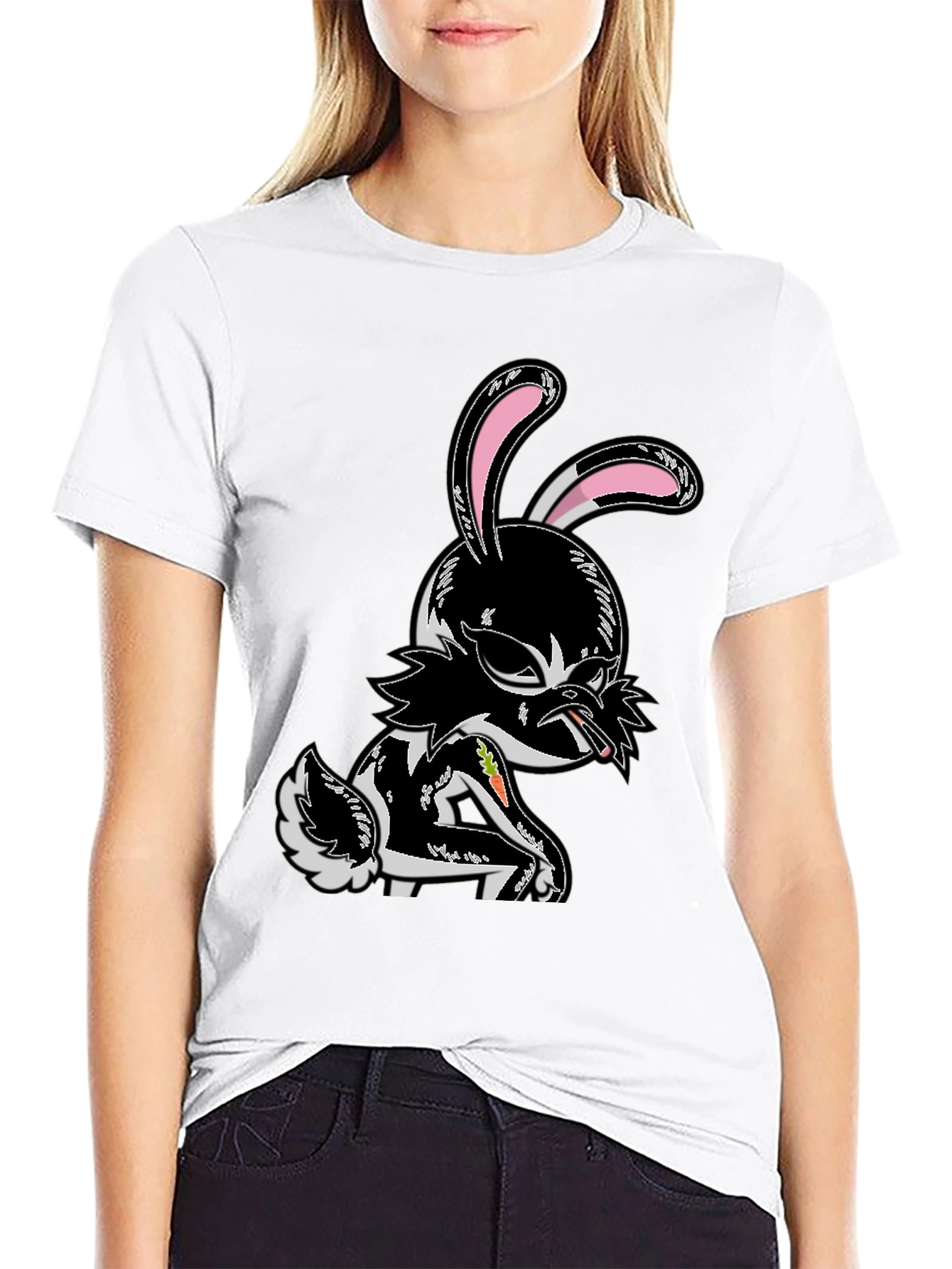 Edgy Cartoon Bunny Graphic Tee - Black Cotton T-Shirt