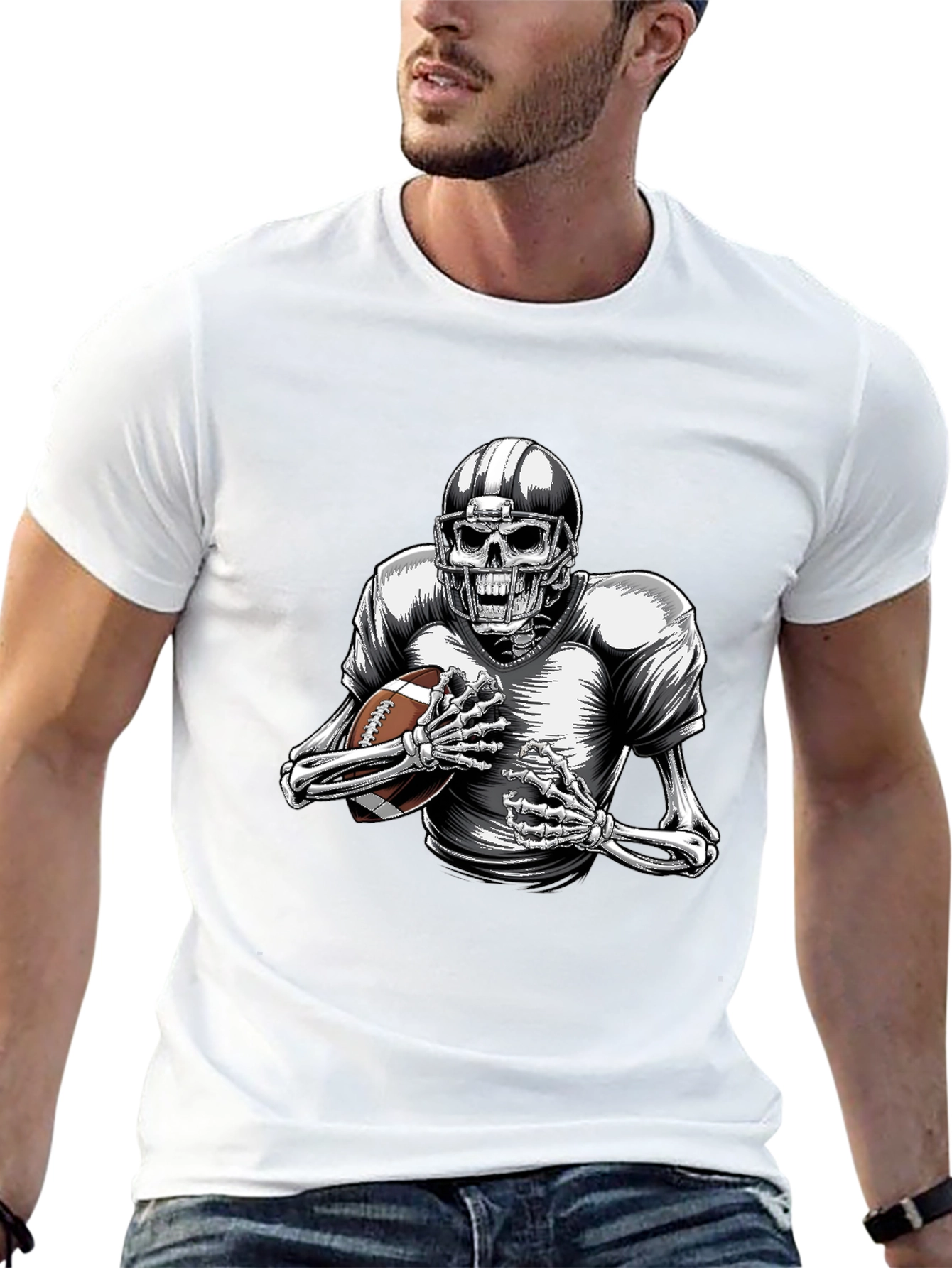Skeleton Football Player Graphic T-Shirt