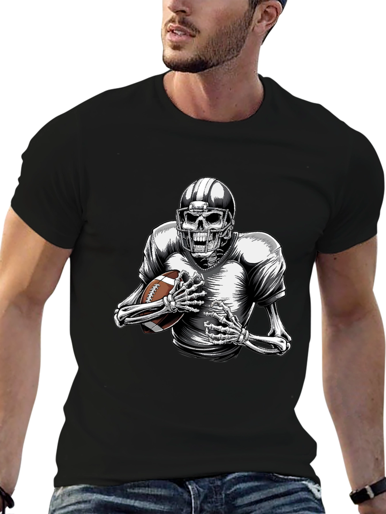 Skeleton Football Player Graphic T-Shirt