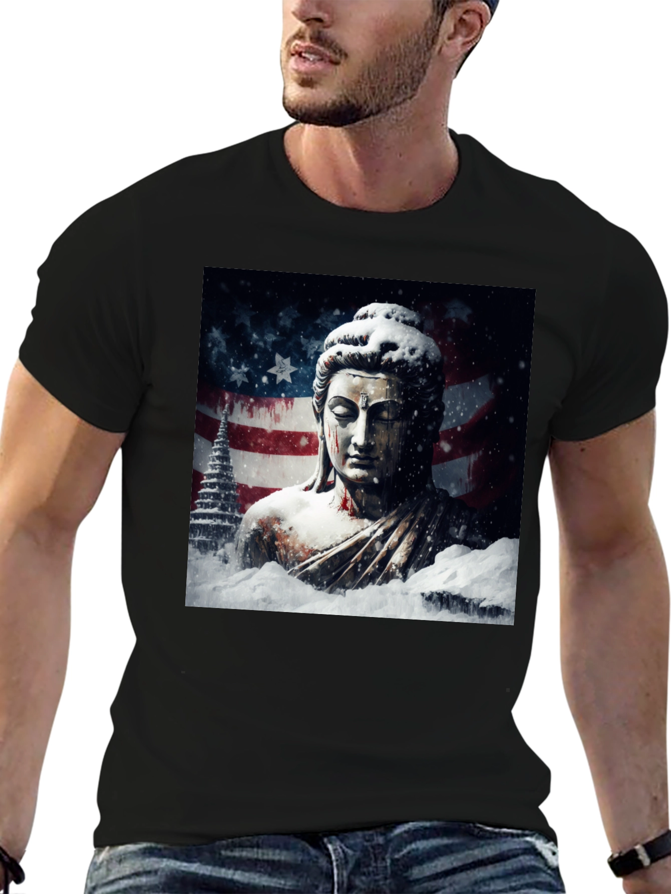 Buddha American Flag Graphic Black Tee