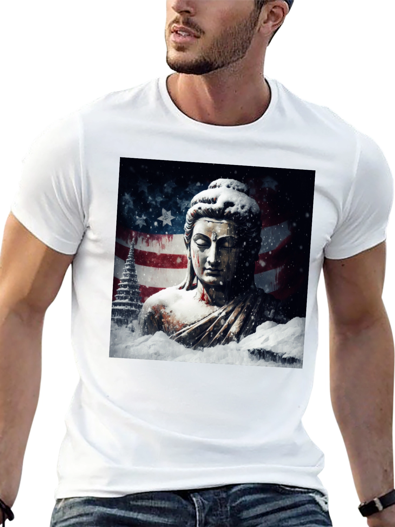 Buddha American Flag Graphic Black Tee