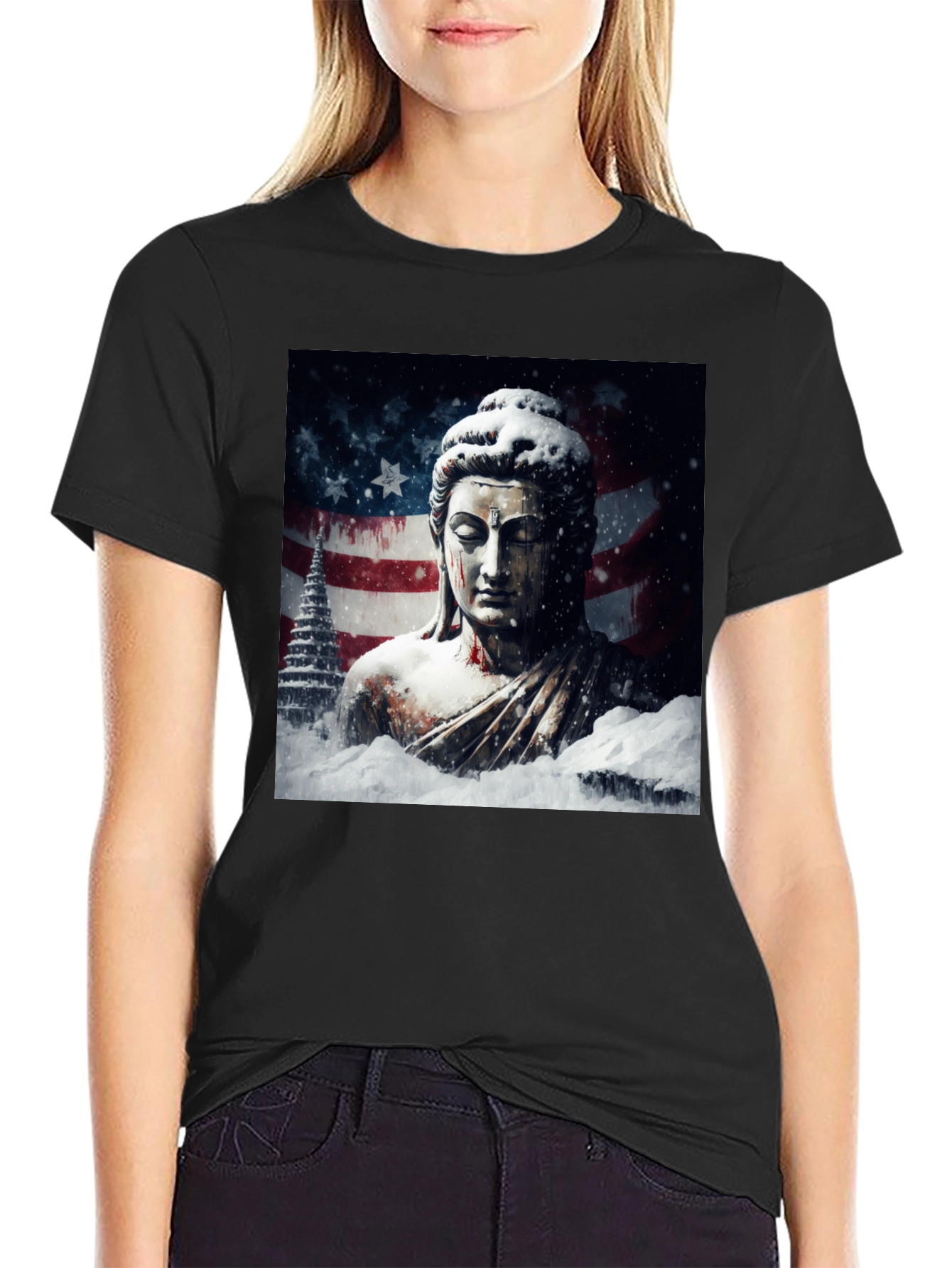 Buddha American Flag Graphic Black Tee
