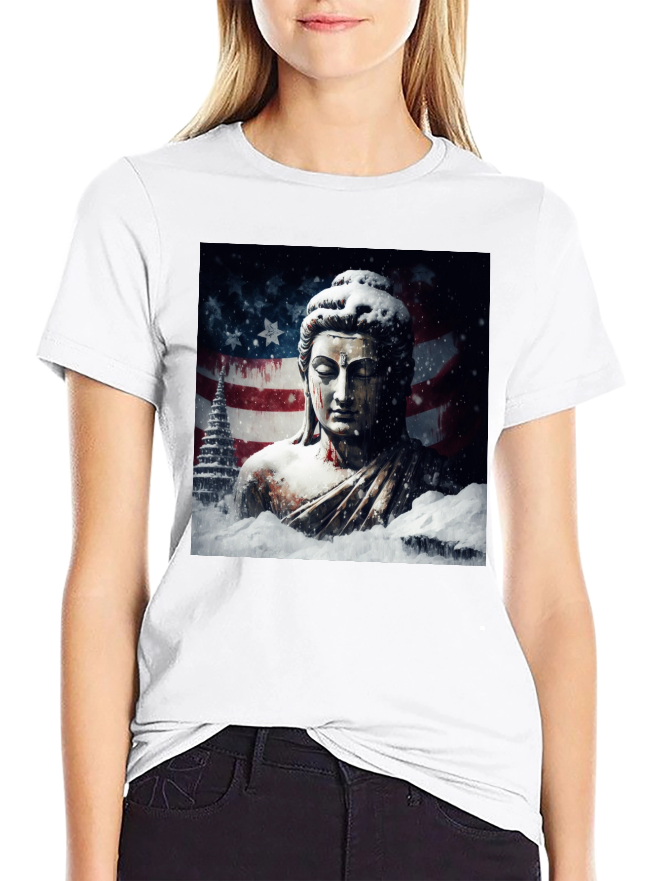 Buddha American Flag Graphic Black Tee