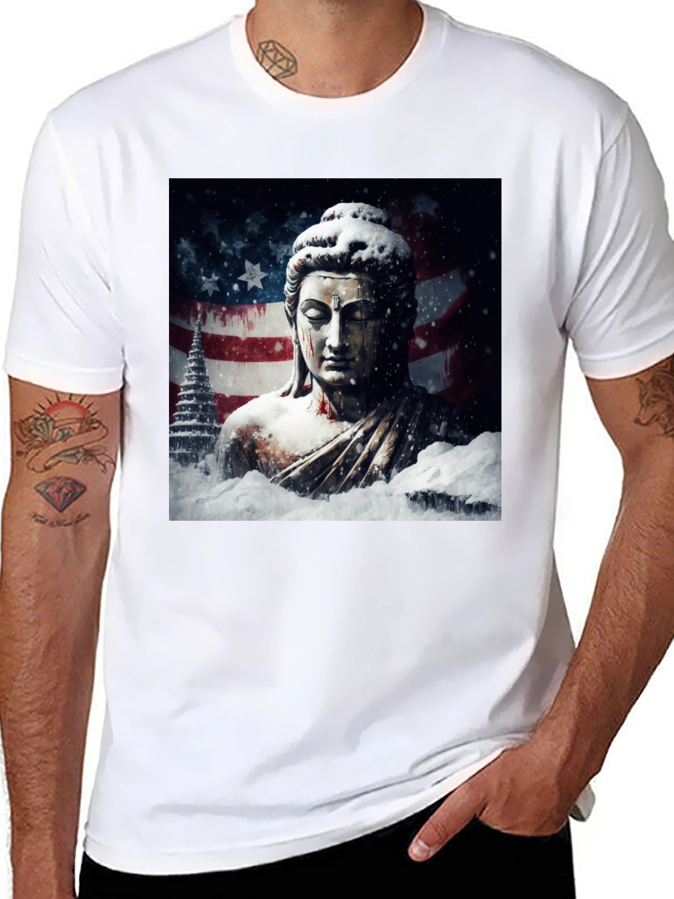 Buddha American Flag Graphic Black Tee