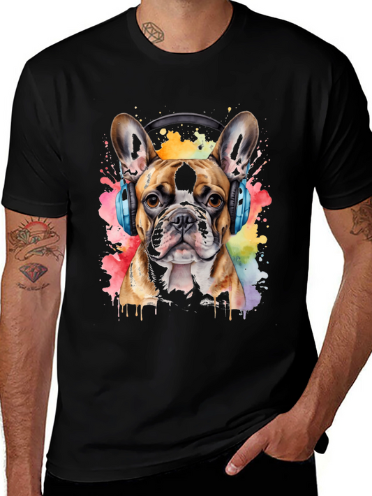 Dog with Headphones T-Shirt - Watercolor Print