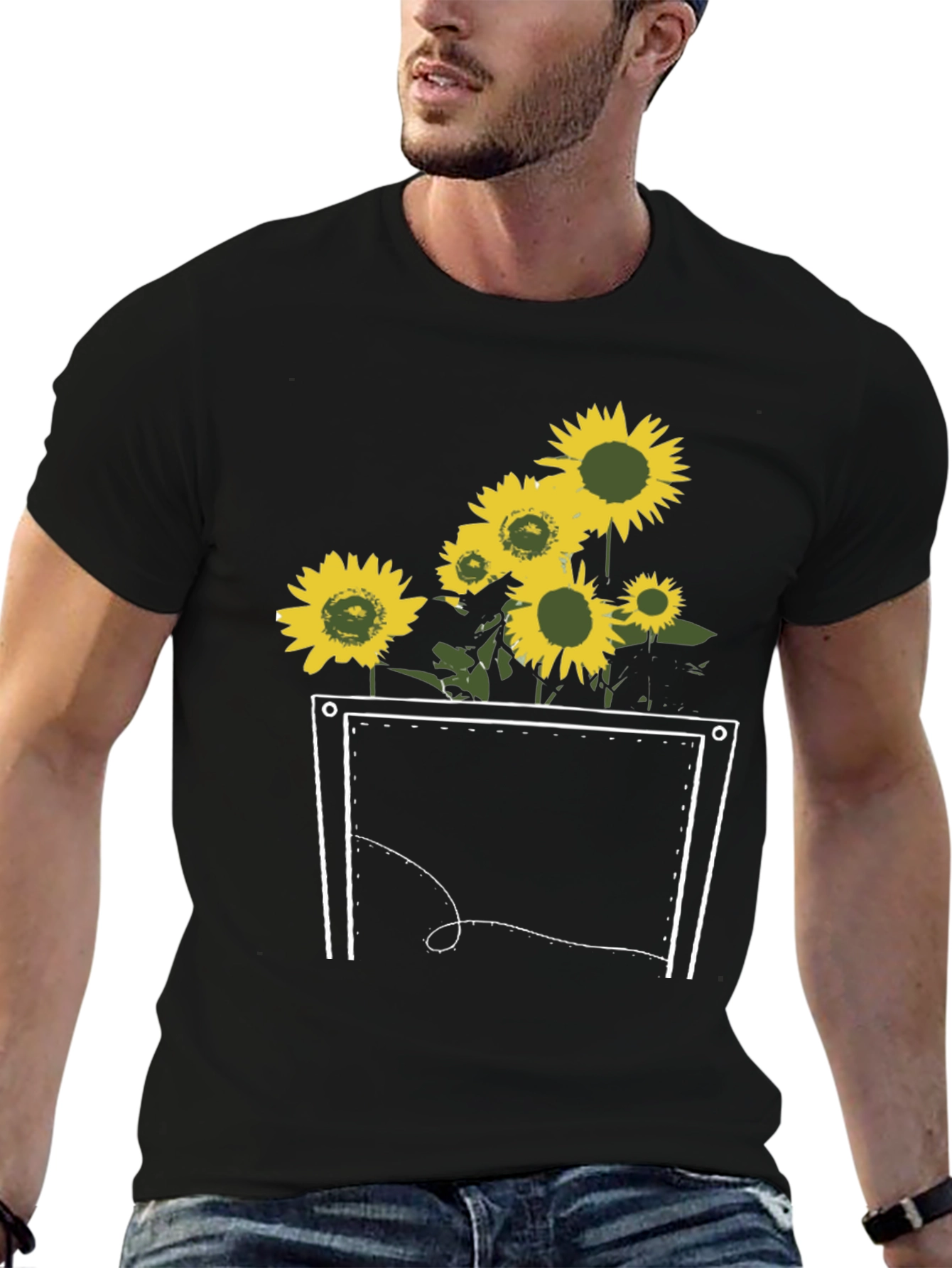 Sunflower Pocket Graphic Tee - Stylish Black T-Shirt