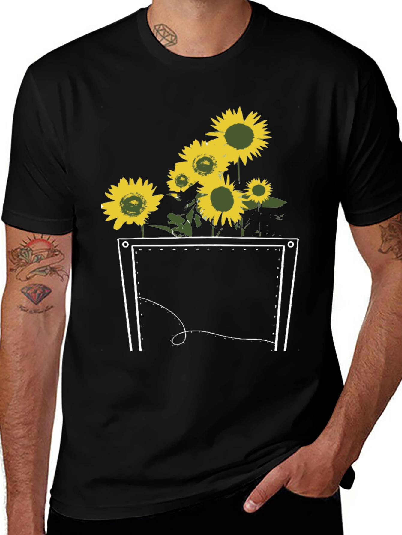 Sunflower Pocket Graphic Tee - Stylish Black T-Shirt