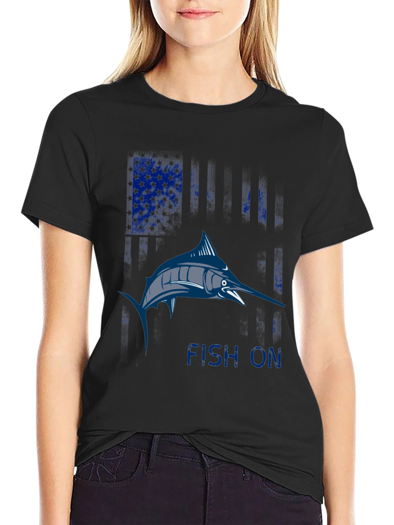 Fishing T-Shirt - Marlin Fish On Design - Black
