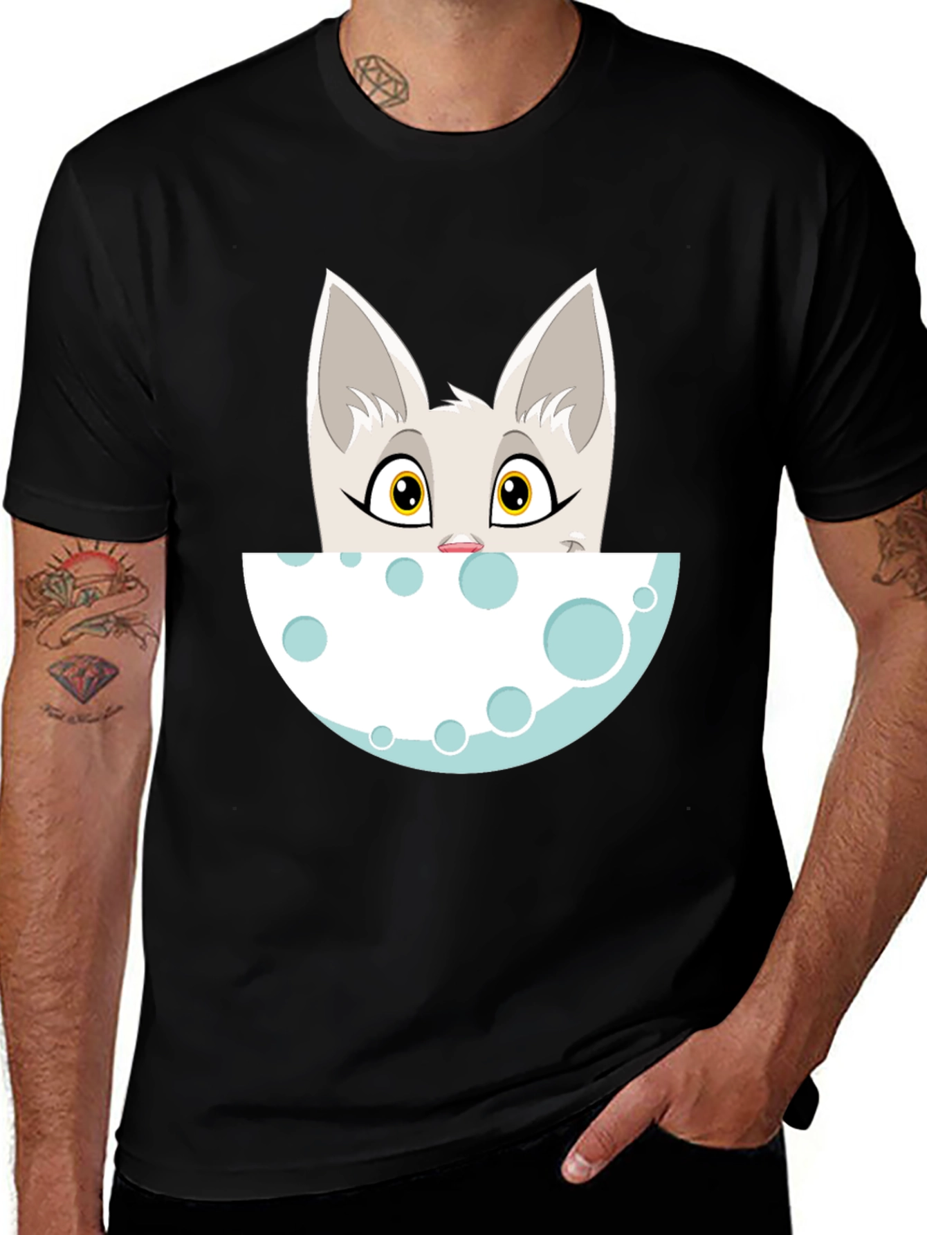 Cartoon Cat Peeking Over Moon Graphic Tee - Black