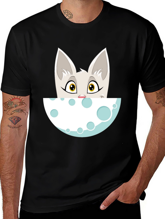 Cartoon Cat Peeking Over Moon Graphic Tee - Black