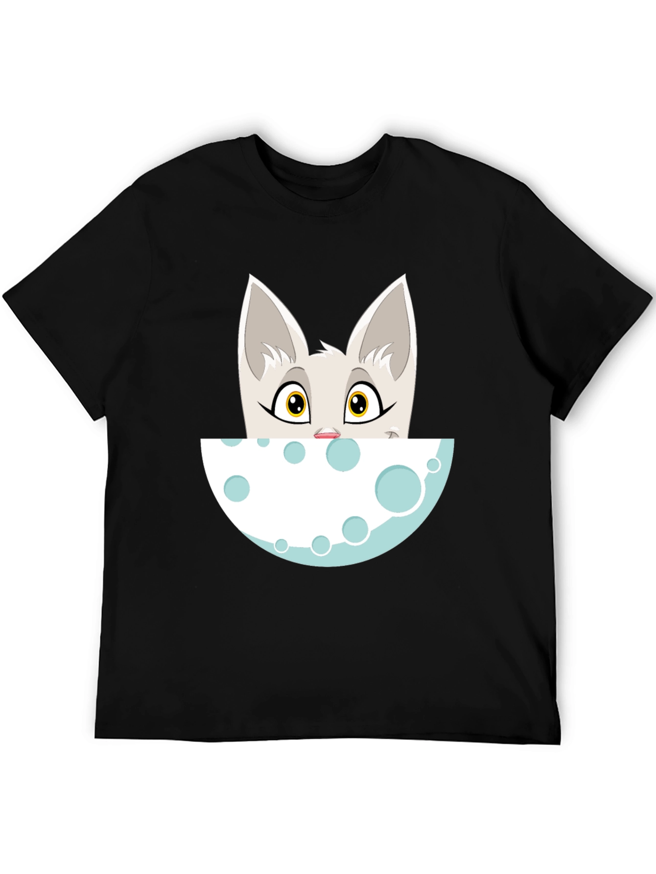 Cartoon Cat Peeking Over Moon Graphic Tee - Black