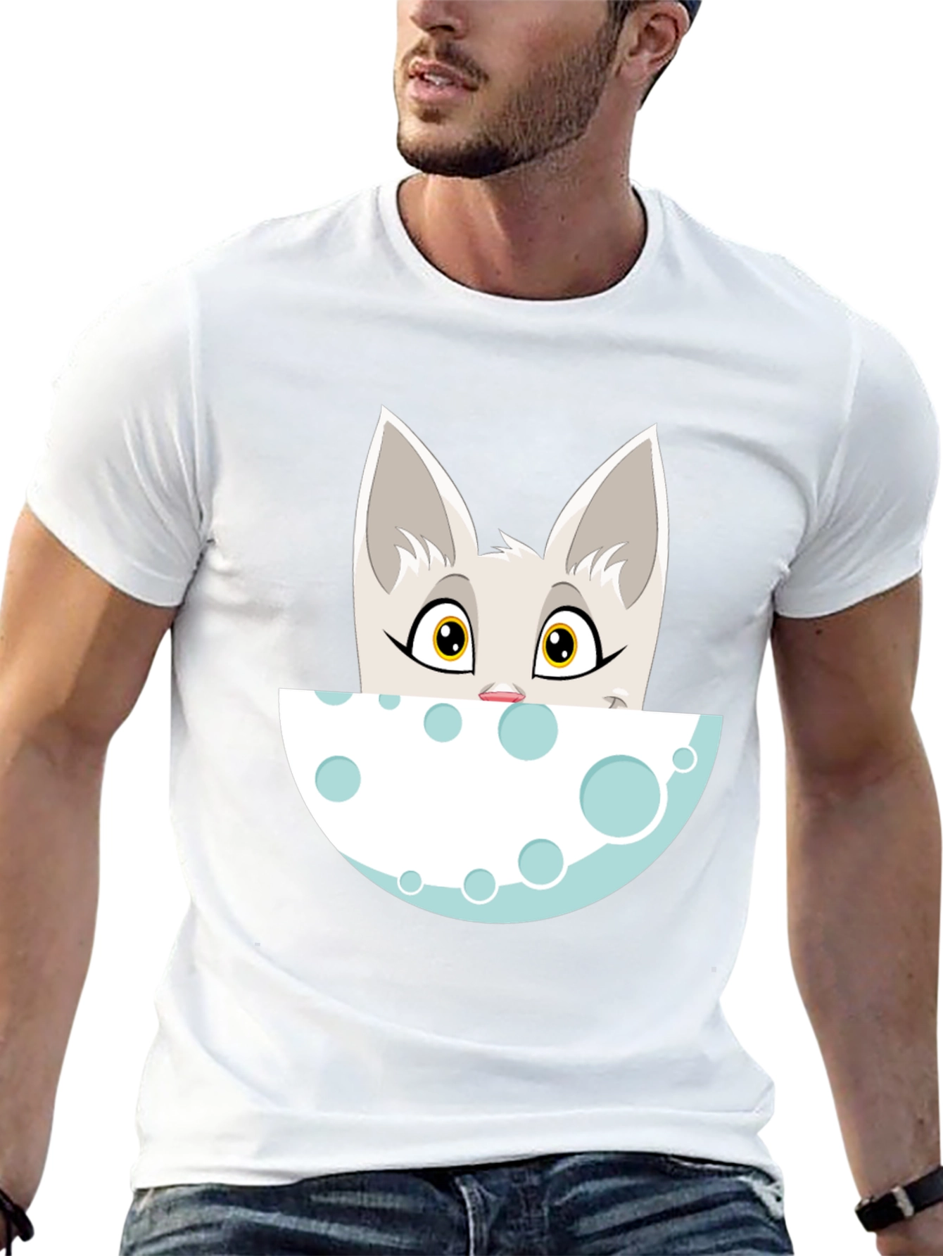 Cartoon Cat Peeking Over Moon Graphic Tee - Black