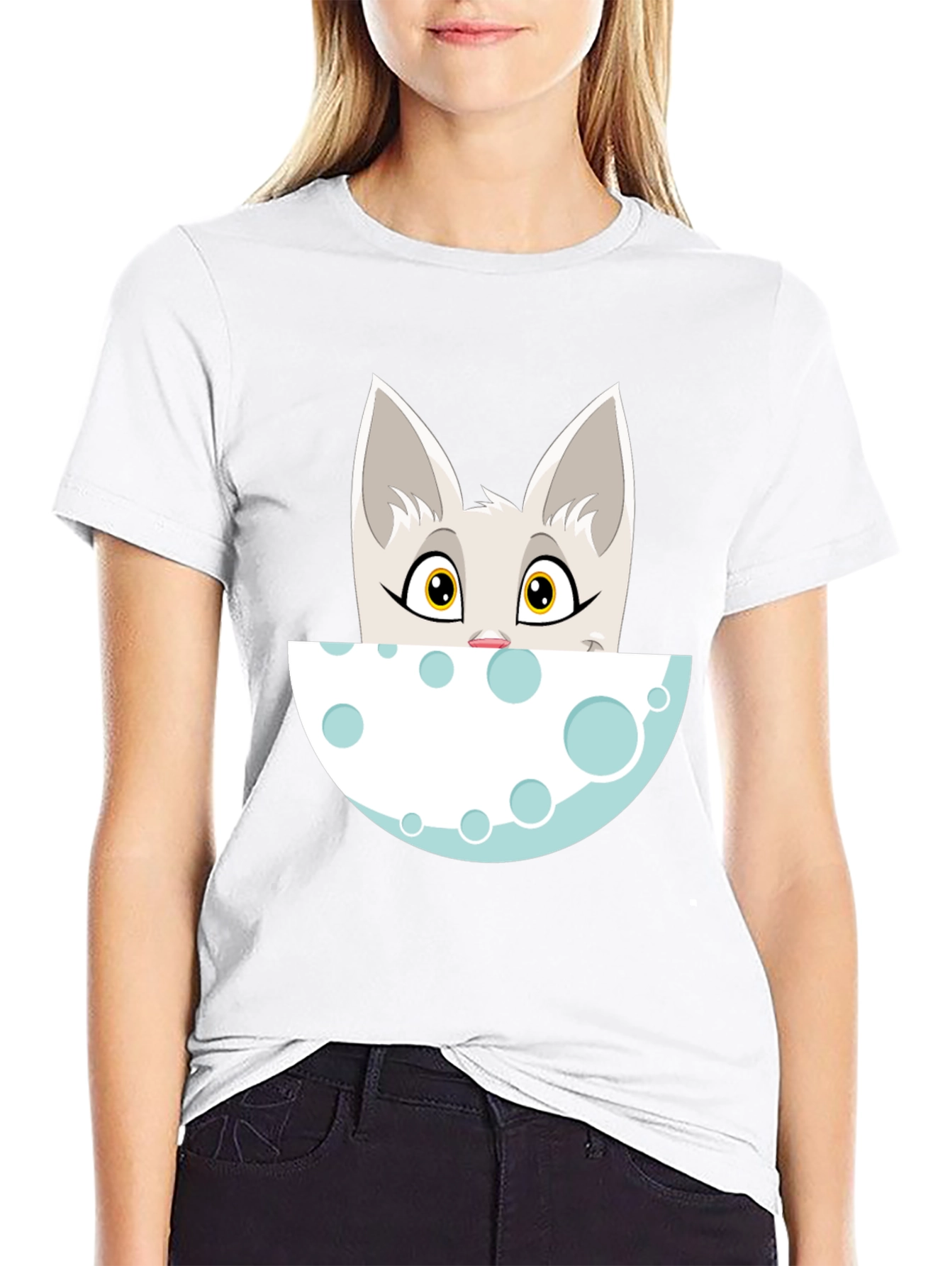 Cartoon Cat Peeking Over Moon Graphic Tee - Black