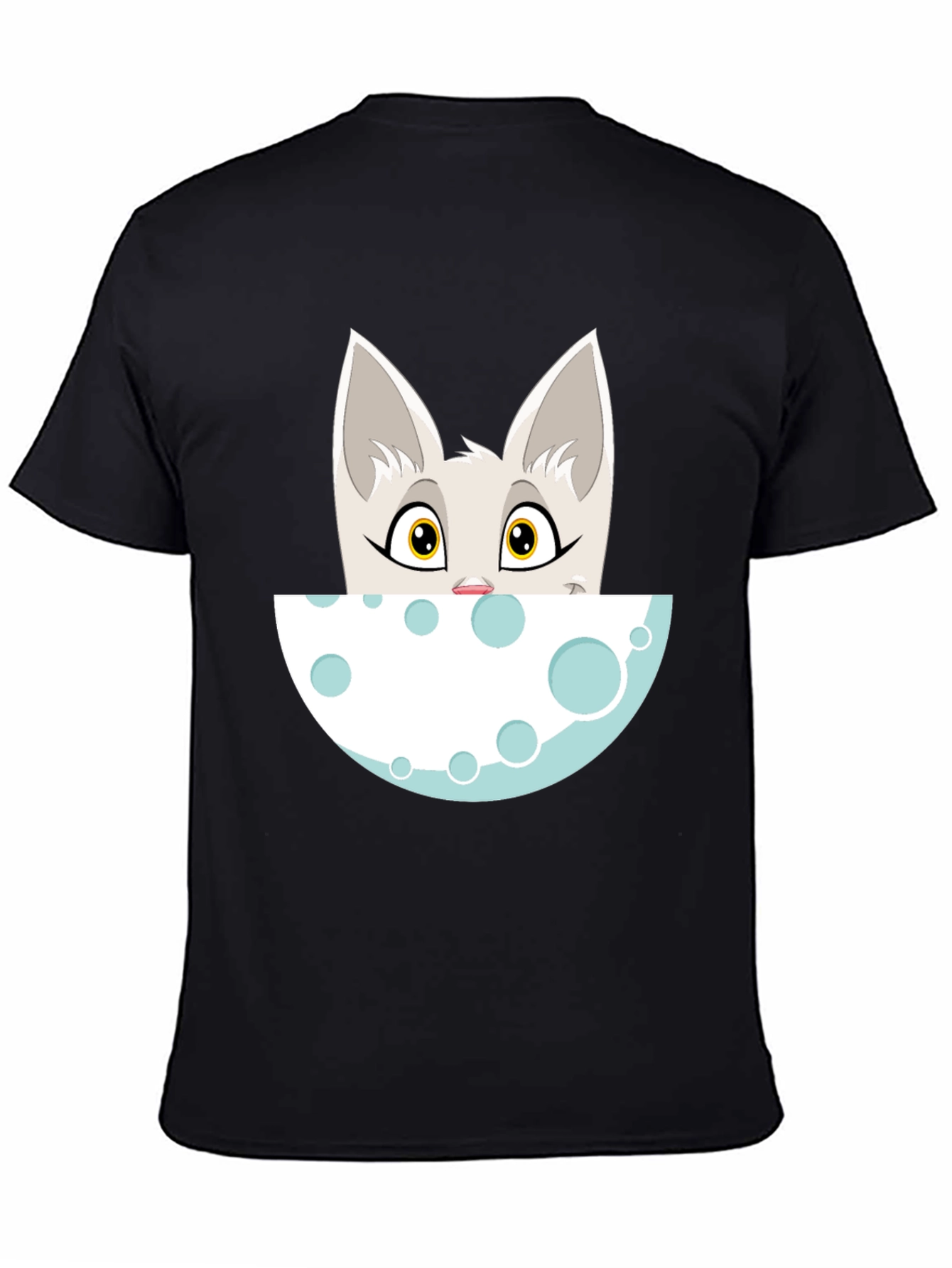Cartoon Cat Peeking Over Moon Graphic Tee - Black