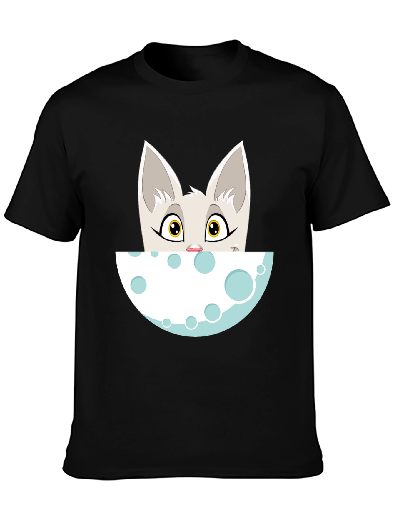 Cartoon Cat Peeking Over Moon Graphic Tee - Black