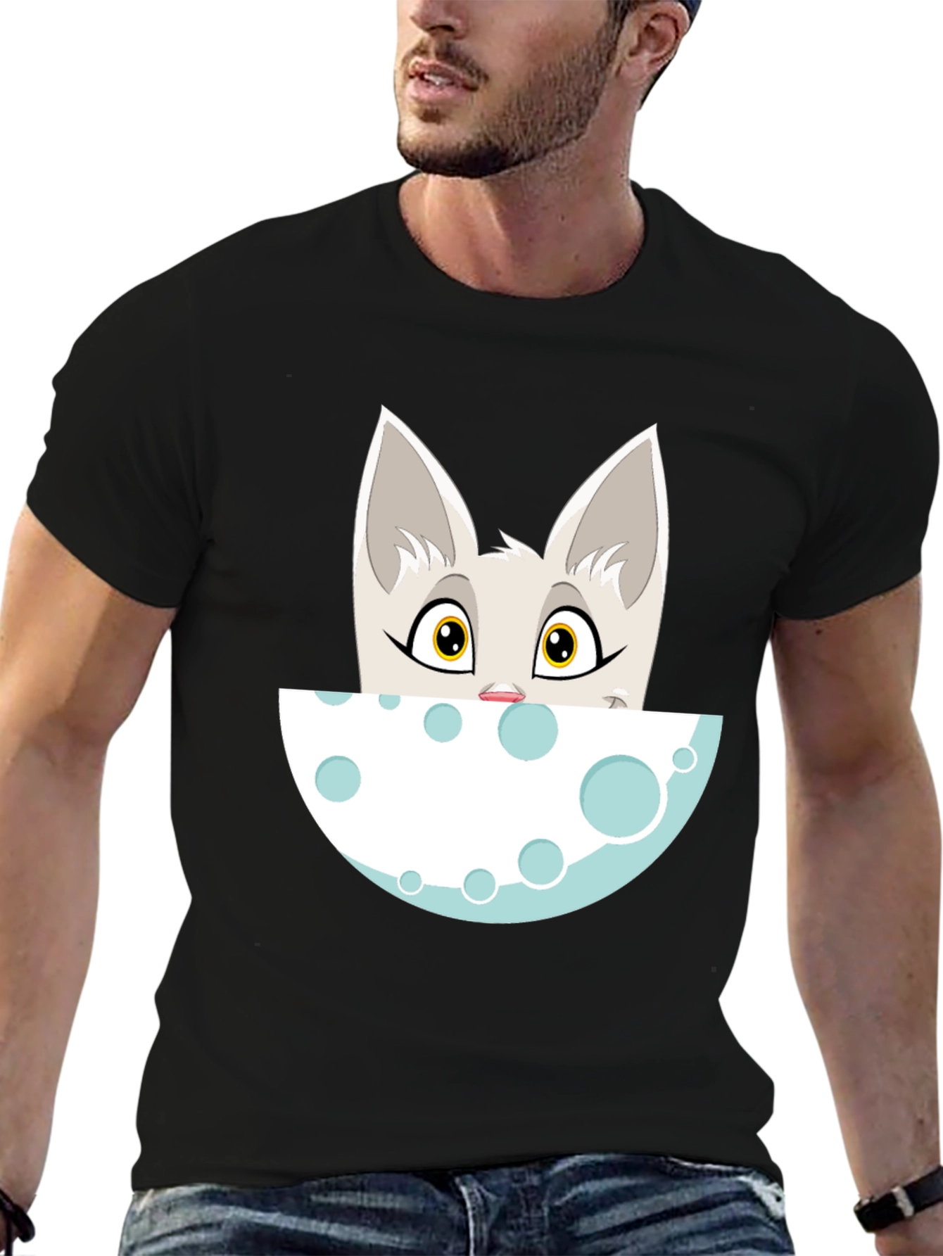 Cartoon Cat Peeking Over Moon Graphic Tee - Black