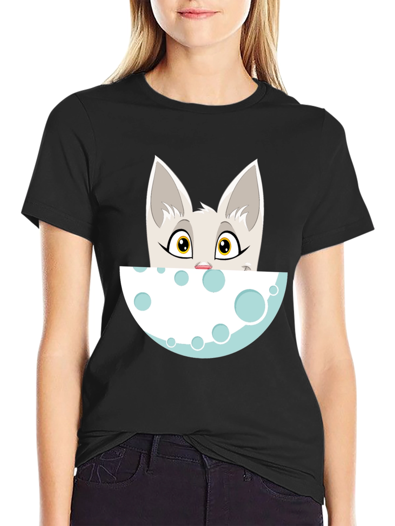 Cartoon Cat Peeking Over Moon Graphic Tee - Black