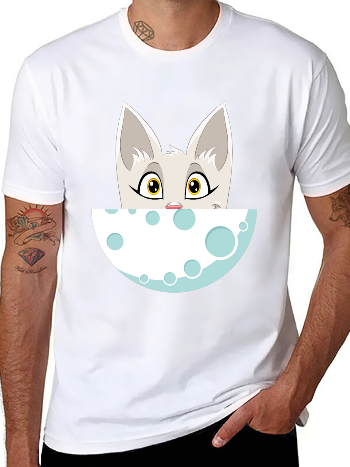 Cartoon Cat Peeking Over Moon Graphic Tee - Black
