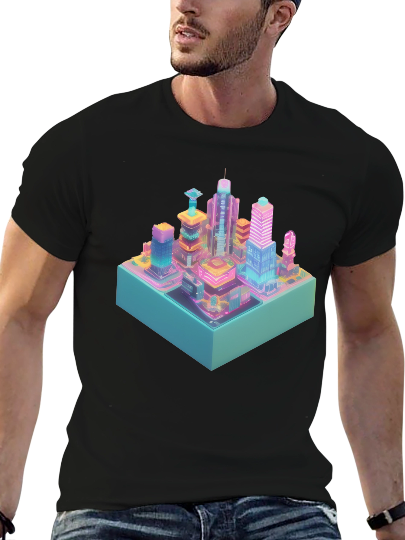 Cyberpunk City T-Shirt - Isometric Neon Design