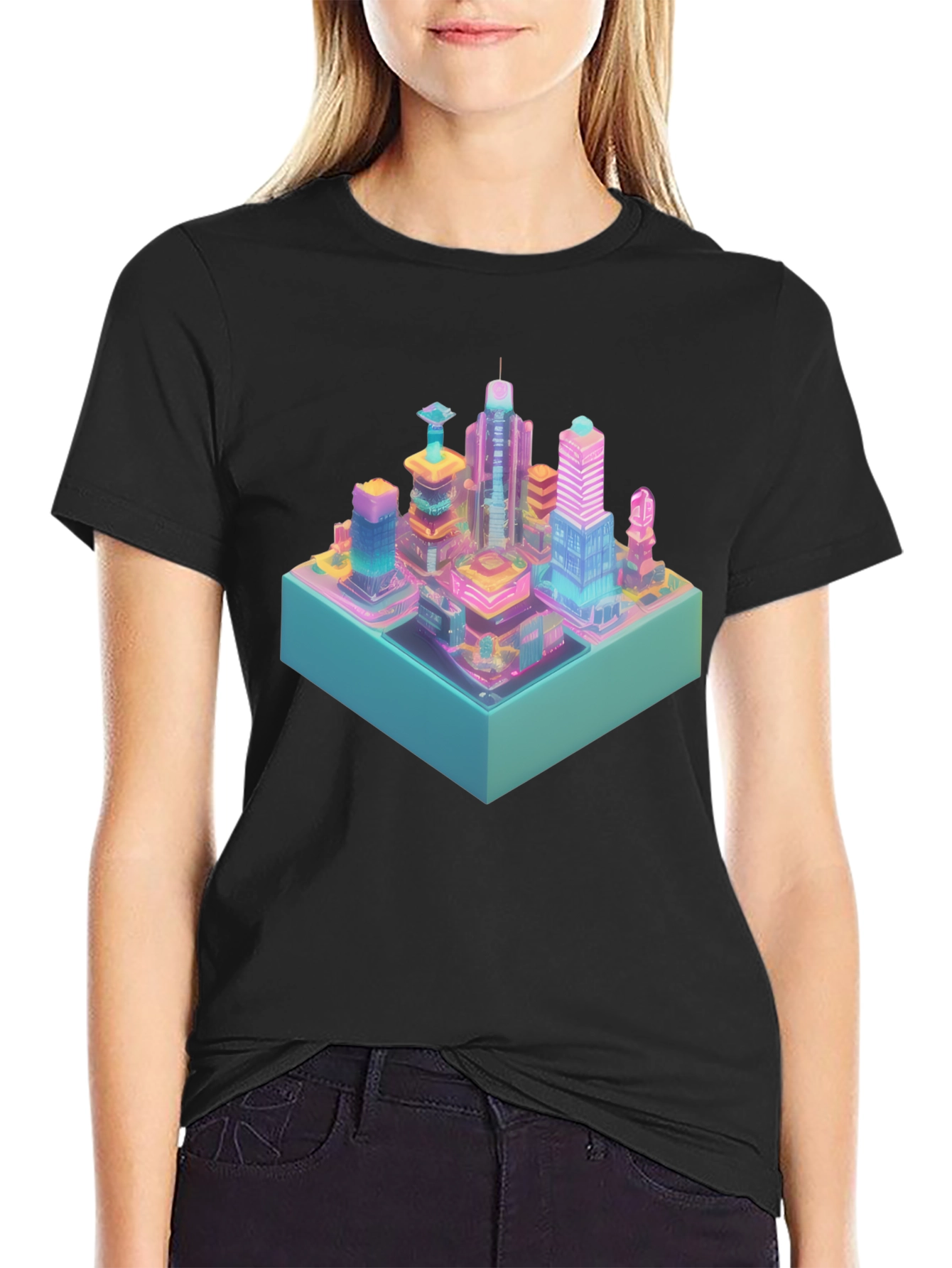 Cyberpunk City T-Shirt - Isometric Neon Design