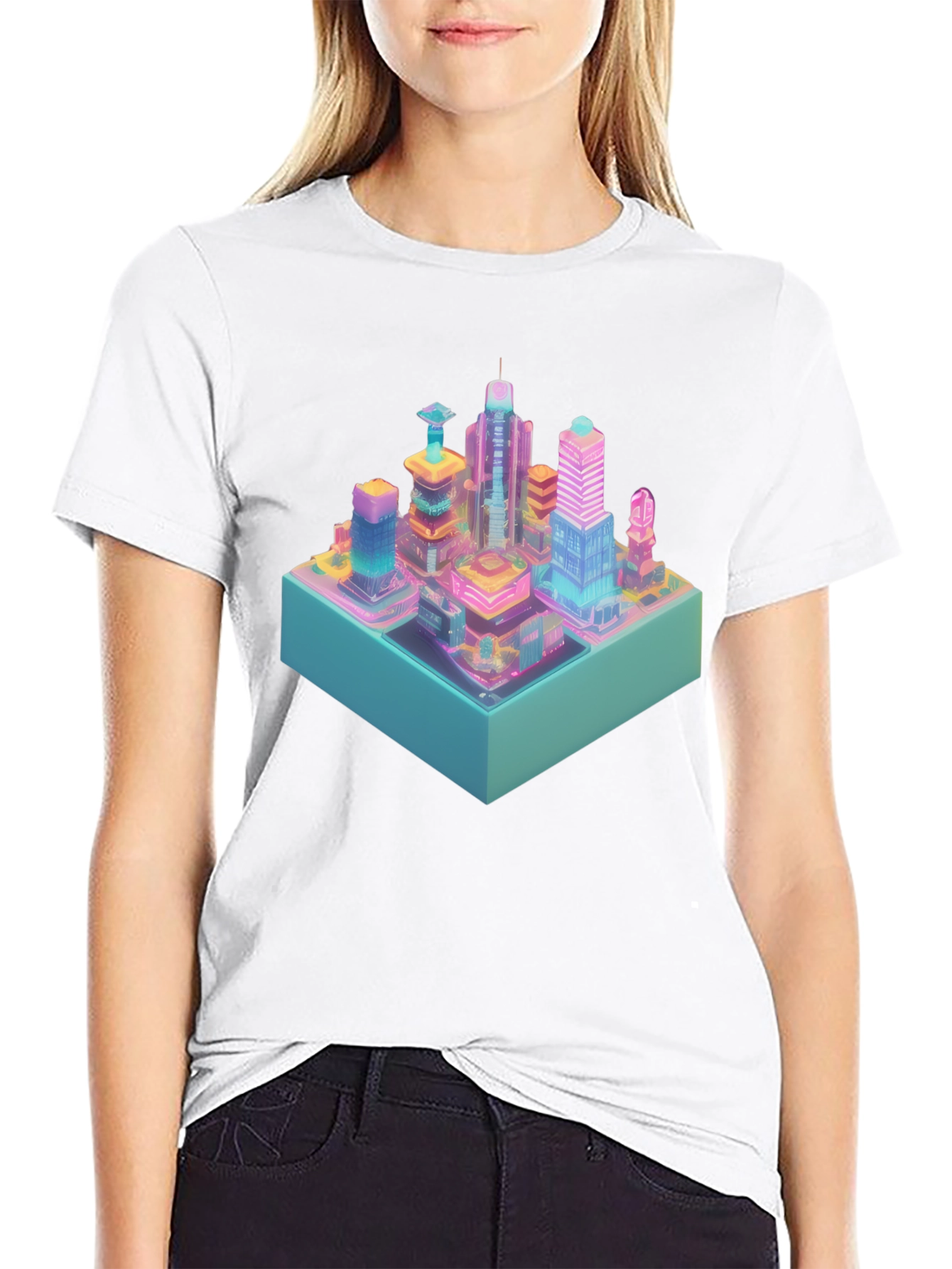 Cyberpunk City T-Shirt - Isometric Neon Design