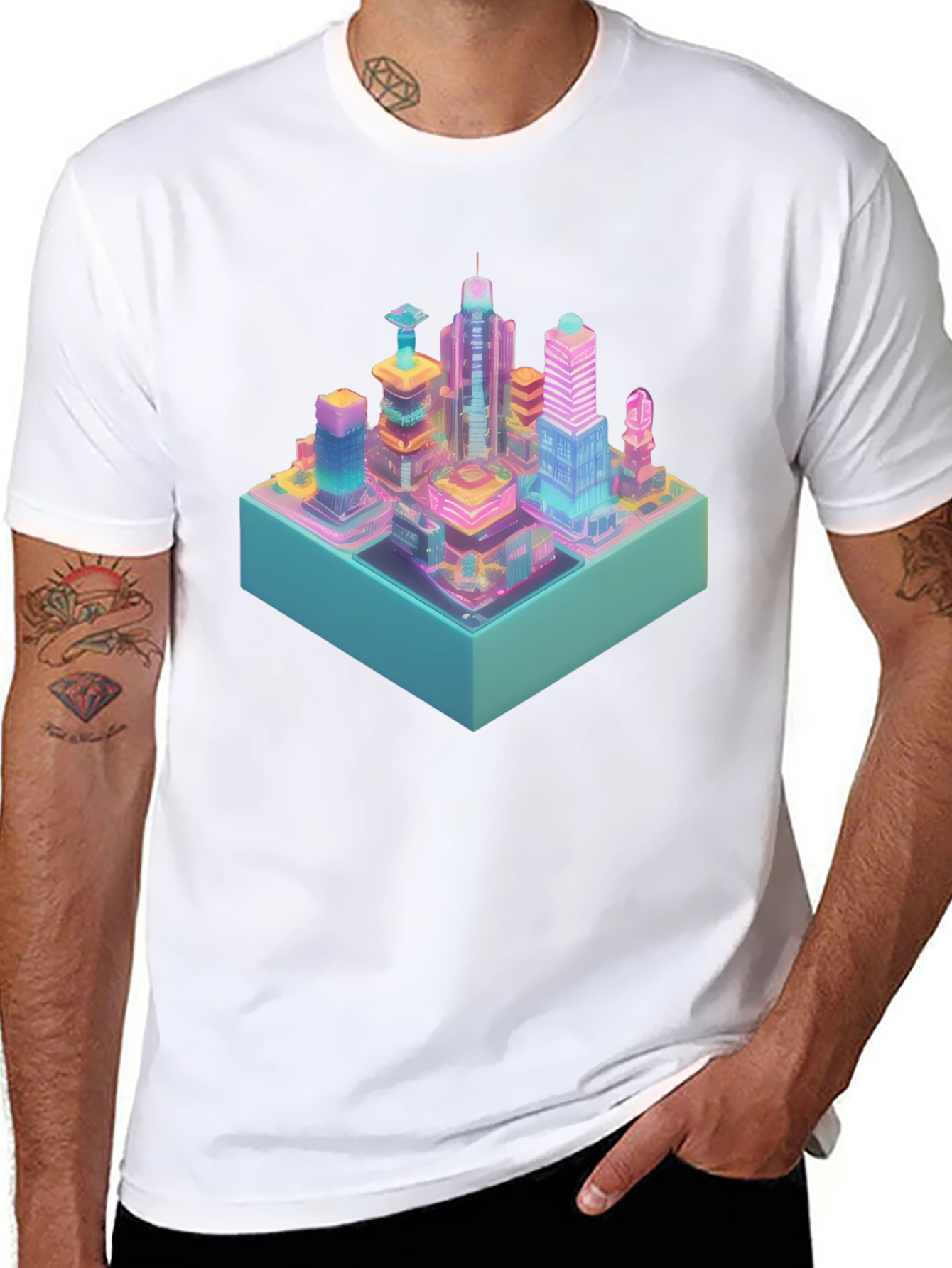 Cyberpunk City T-Shirt - Isometric Neon Design