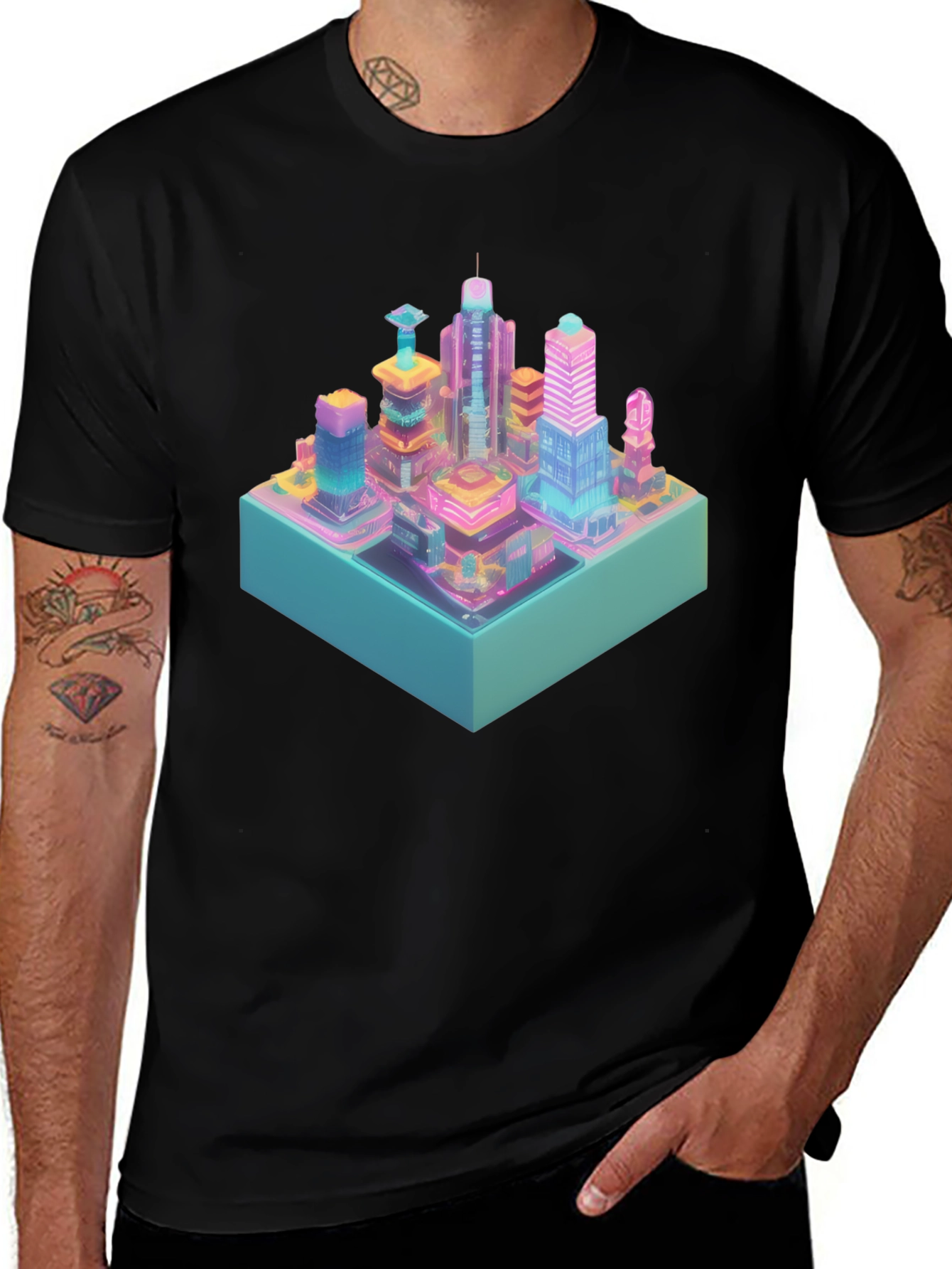 Cyberpunk City T-Shirt - Isometric Neon Design