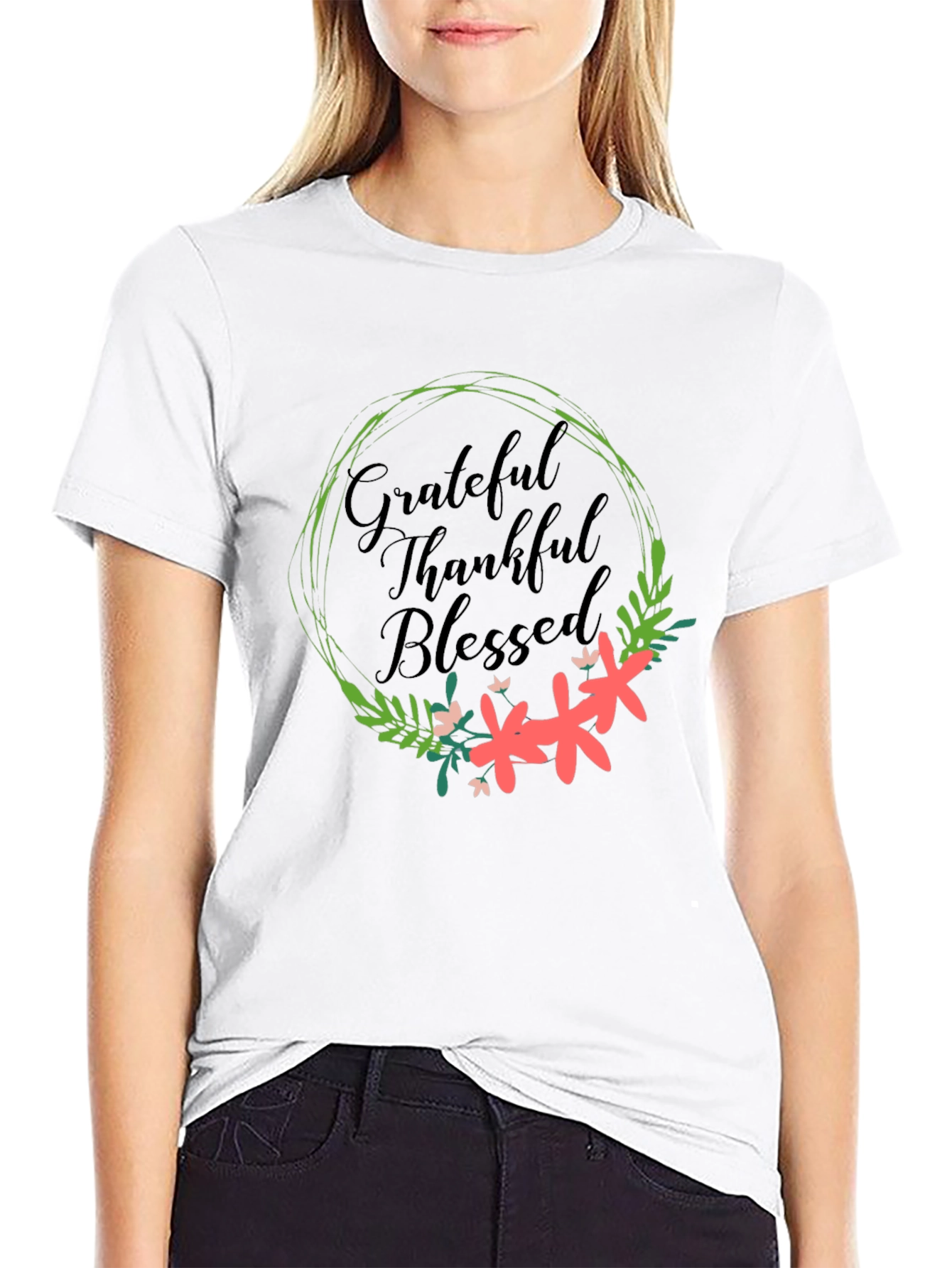 Grateful Thankful Blessed Floral Wreath T-Shirt