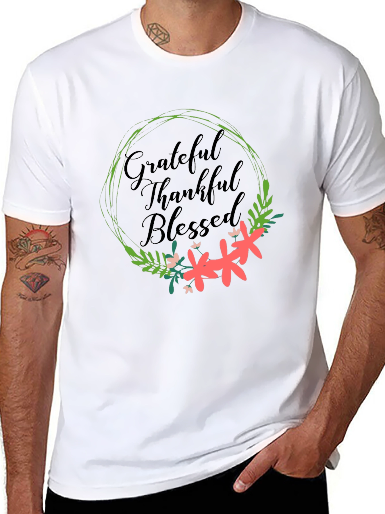 Grateful Thankful Blessed Floral Wreath T-Shirt