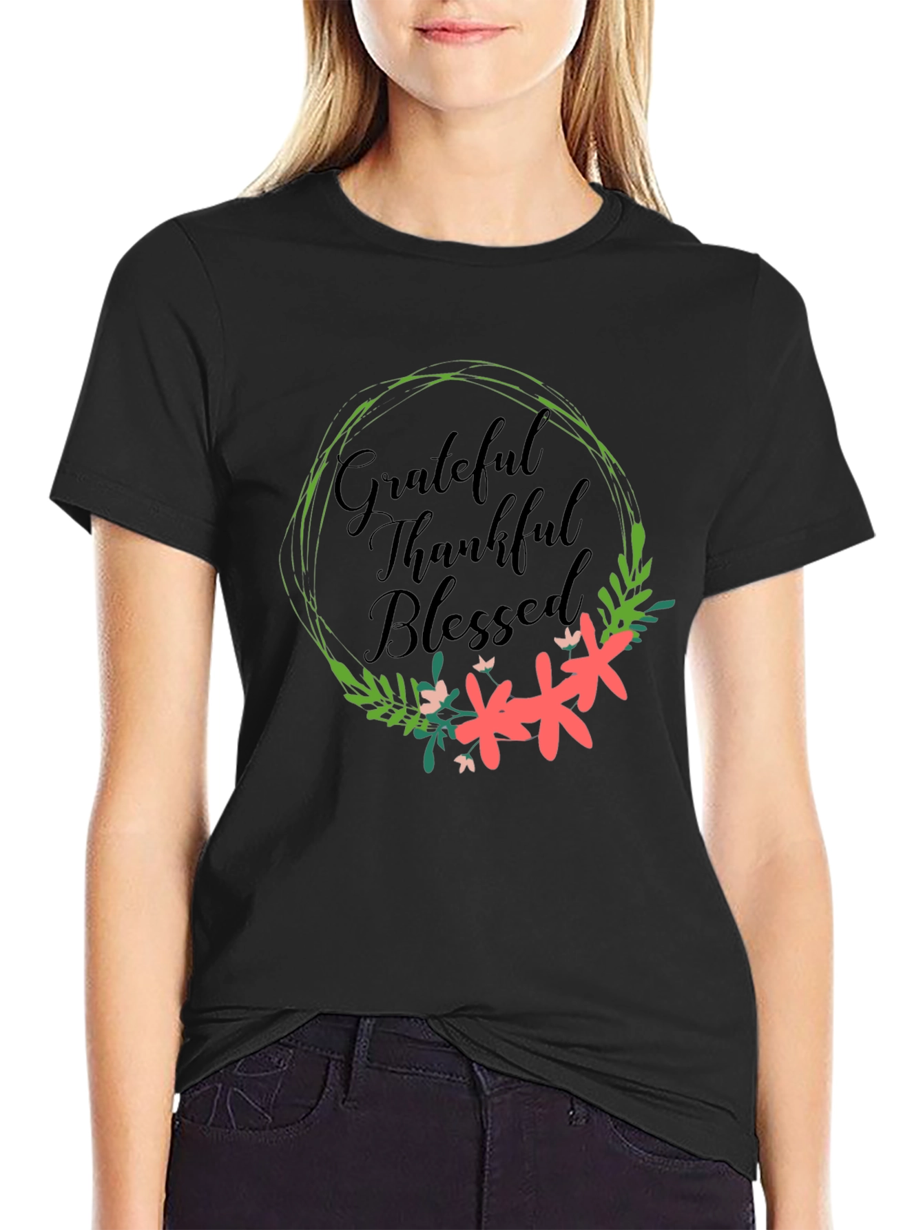 Grateful Thankful Blessed Floral Wreath T-Shirt
